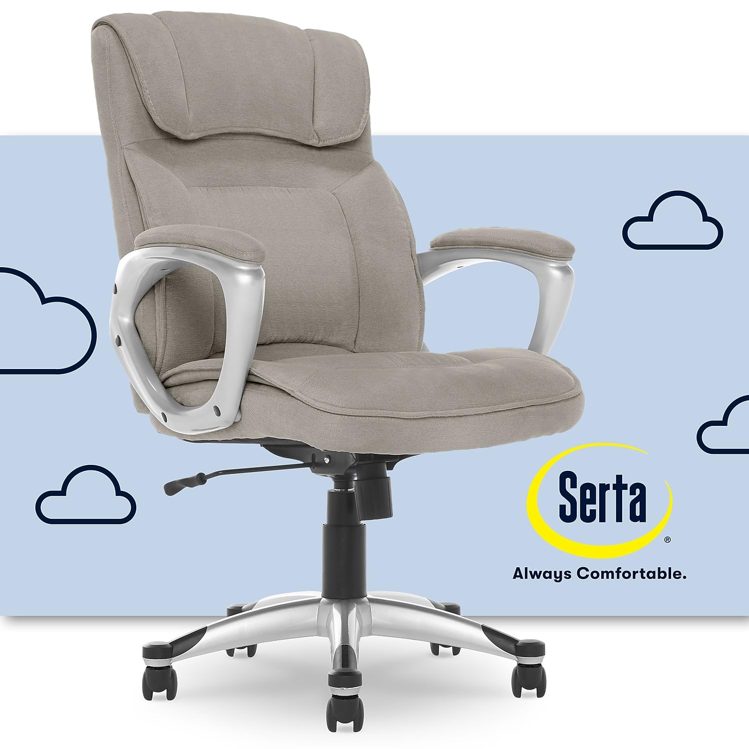 Serta Ergonomic Executive Office Chair with Contoured Lumbar Support - Layered Body Pillows & Microfiber Upholstery - Black Base & Grey/Silver Fabric - Perfect for Home Office, Gaming & Workspaces