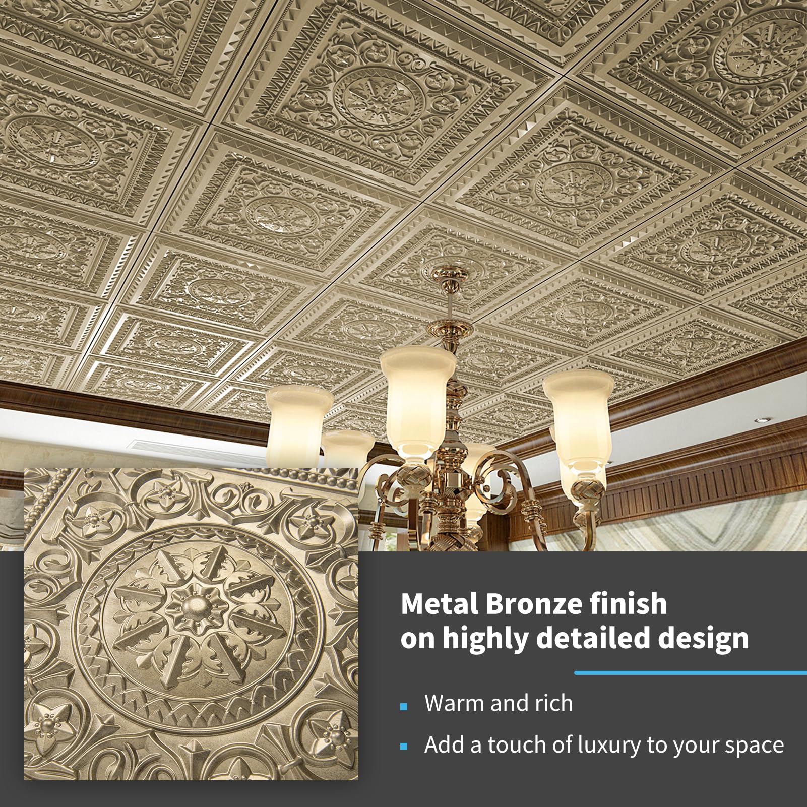 Art3d Drop Ceiling Tiles 2'x2' - 12 Pack Antique Gold Plastic Panels (48 Sq.ft) for Easy Glue-Up Installation - Perfect for Home Office, Basement & Commercial Ceiling Renovations