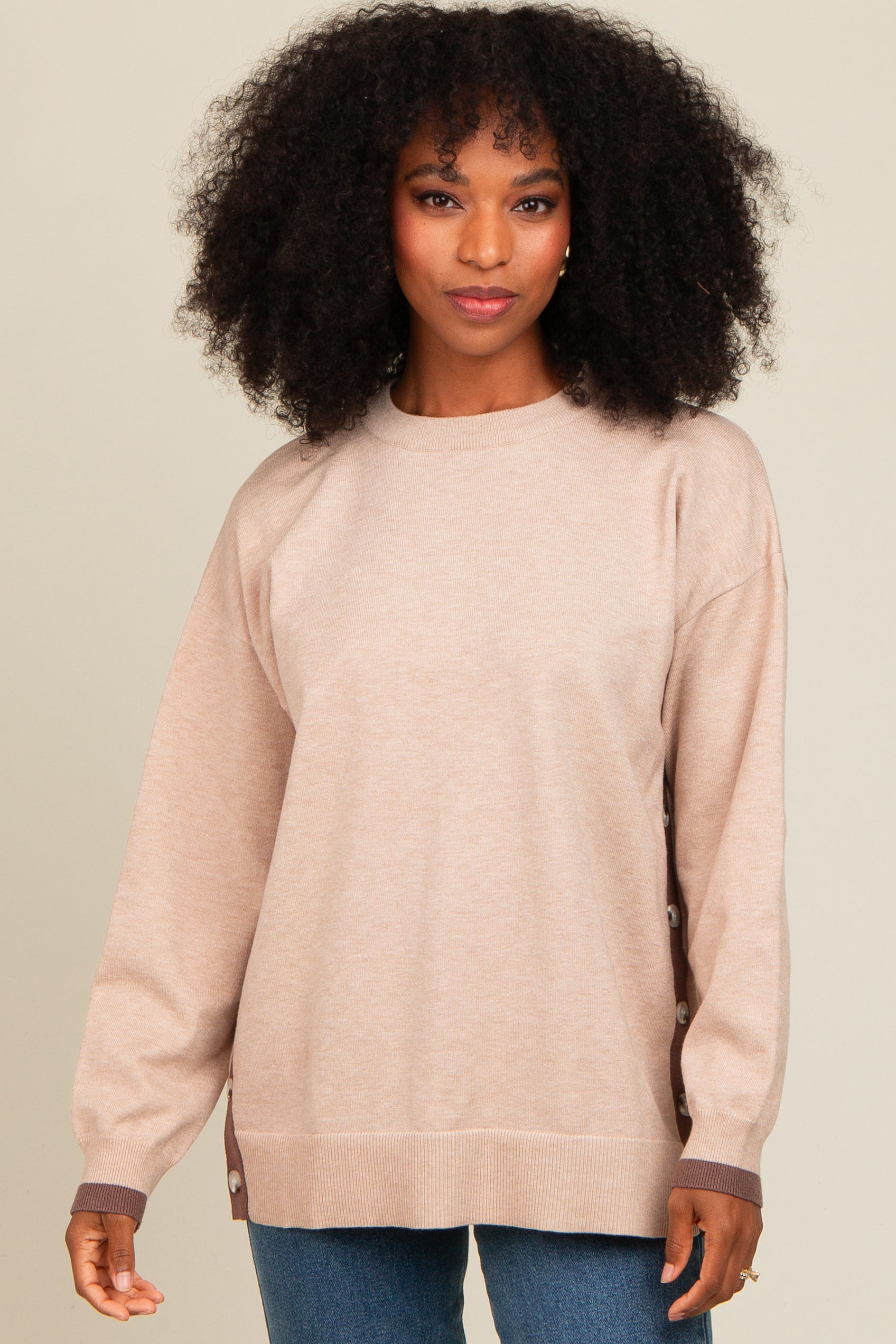 Beige Button Up Maternity Sweater with Side Detail - Soft & Comfortable Pregnancy Top for Casual Wear & Nursing