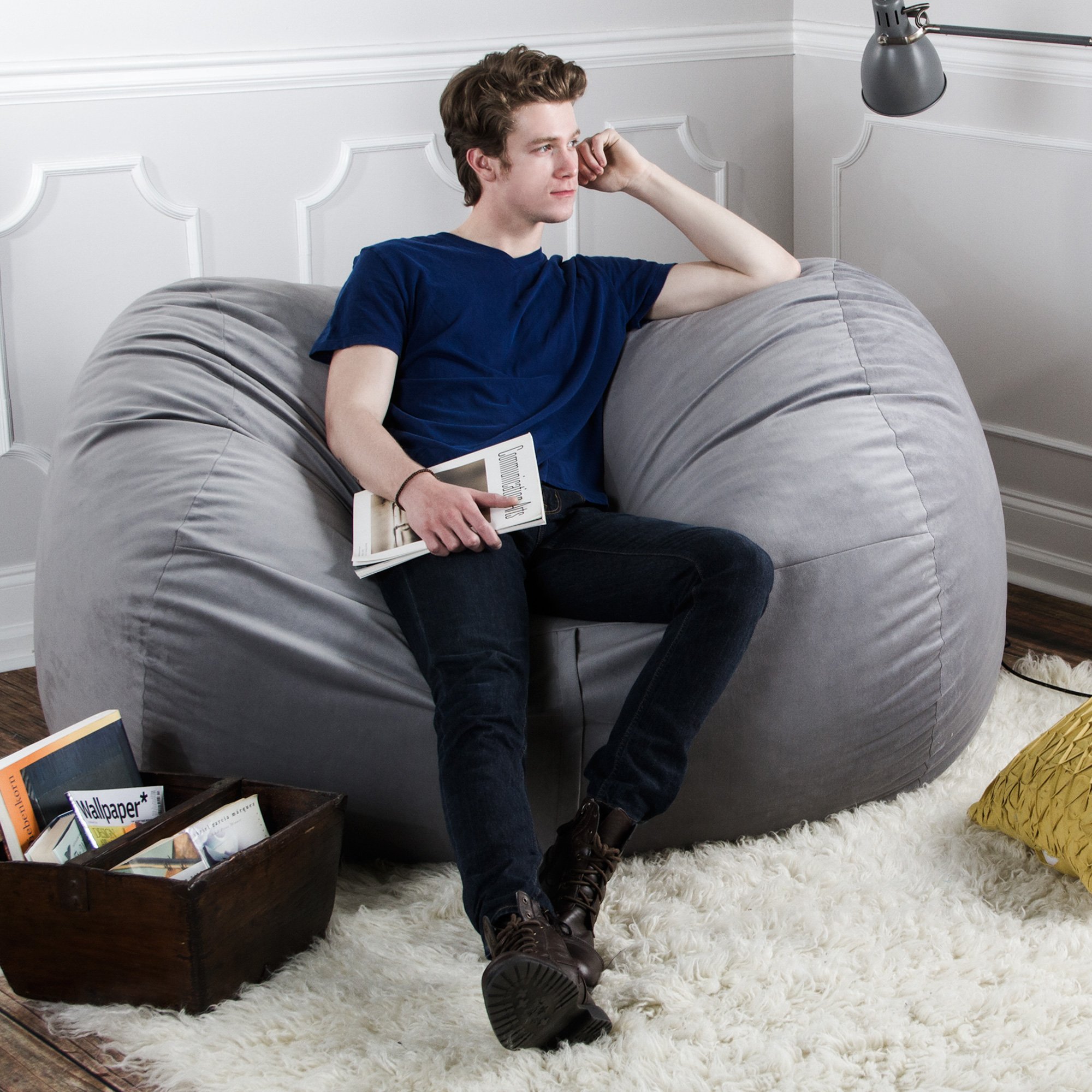 Jaxx Lounger 5.5 Foot Large Bean Bag Chair - Soft Velvet Twill Fabric, Black - Perfect for Living Room, Game Room & Dorm Relaxation