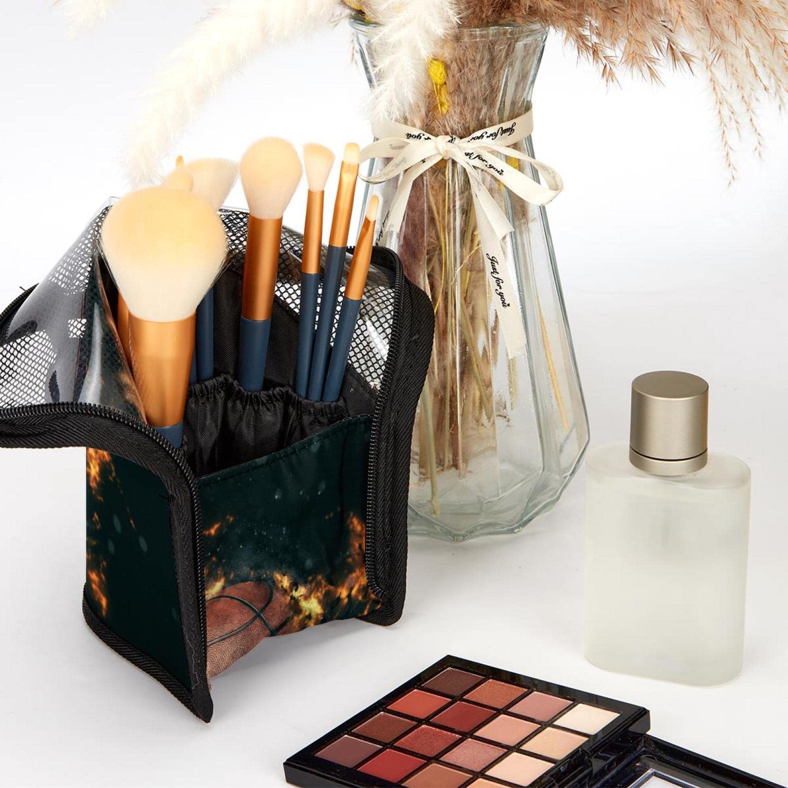 Premium Makeup Brush Organizer Bag with 12 Brushes - Flame & Retro Basketball Design - Portable Cosmetic Brush Holder Case for Travel, Home Vanity, and Professional Makeup Artists