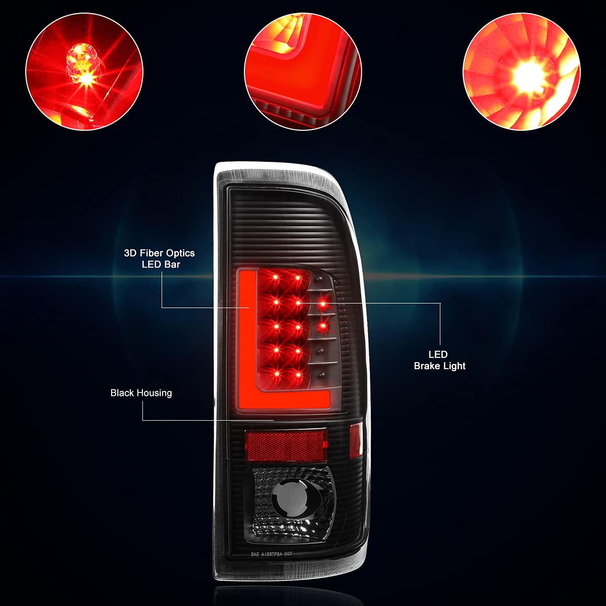 PM PERFORMOTOR L-Shape 3D LED Tail Lights Brake Lamps Assembly for 1997-2007 Ford F250 F350 F450 F550 Super Duty - Black Housing & Clear Lens - Enhanced Visibility & Style for Trucks & Off-Road Adventures