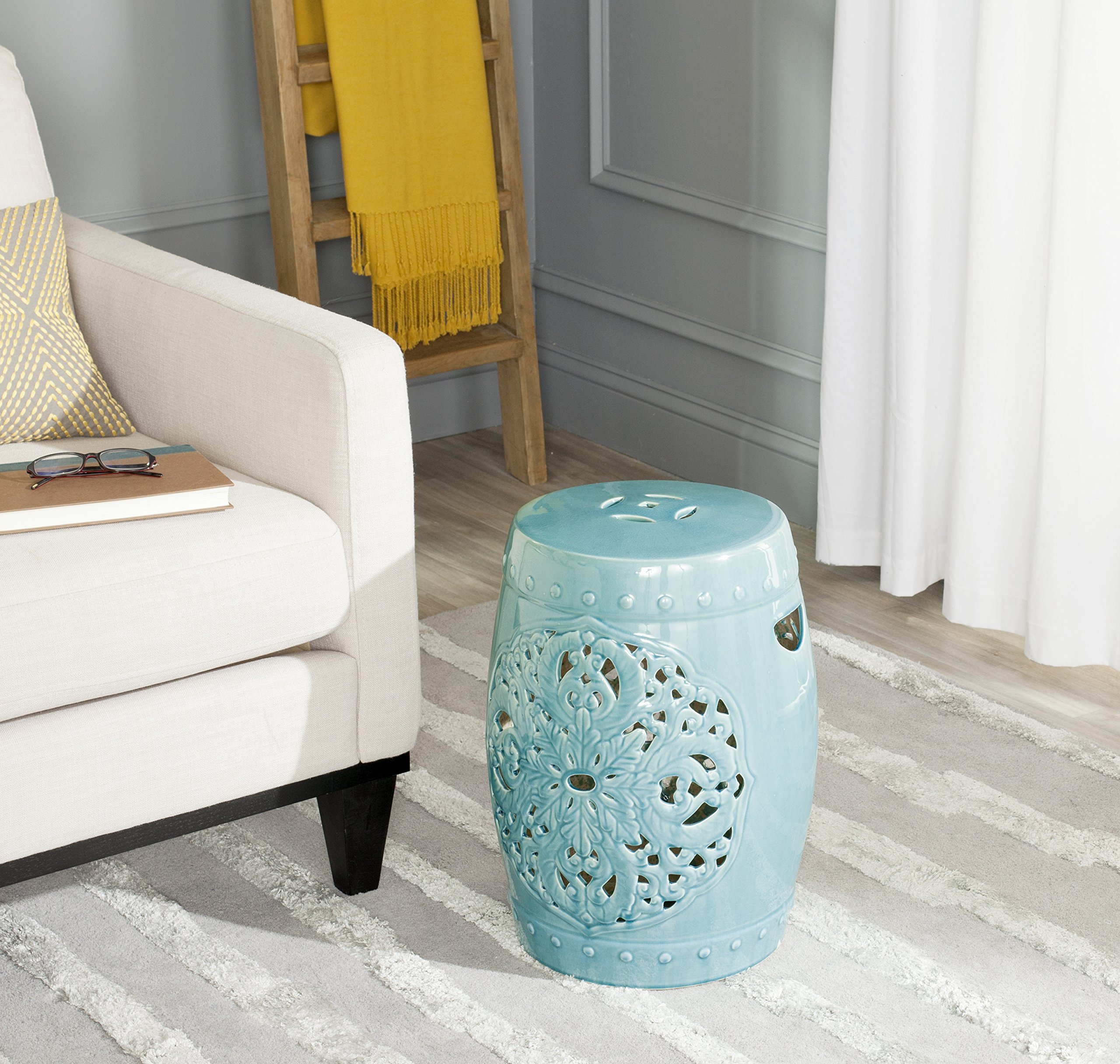 Safavieh Flora Glazed Ceramic Garden Stool - Decorative Blue Outdoor Side Table for Patio, Porch & Living Room Decor