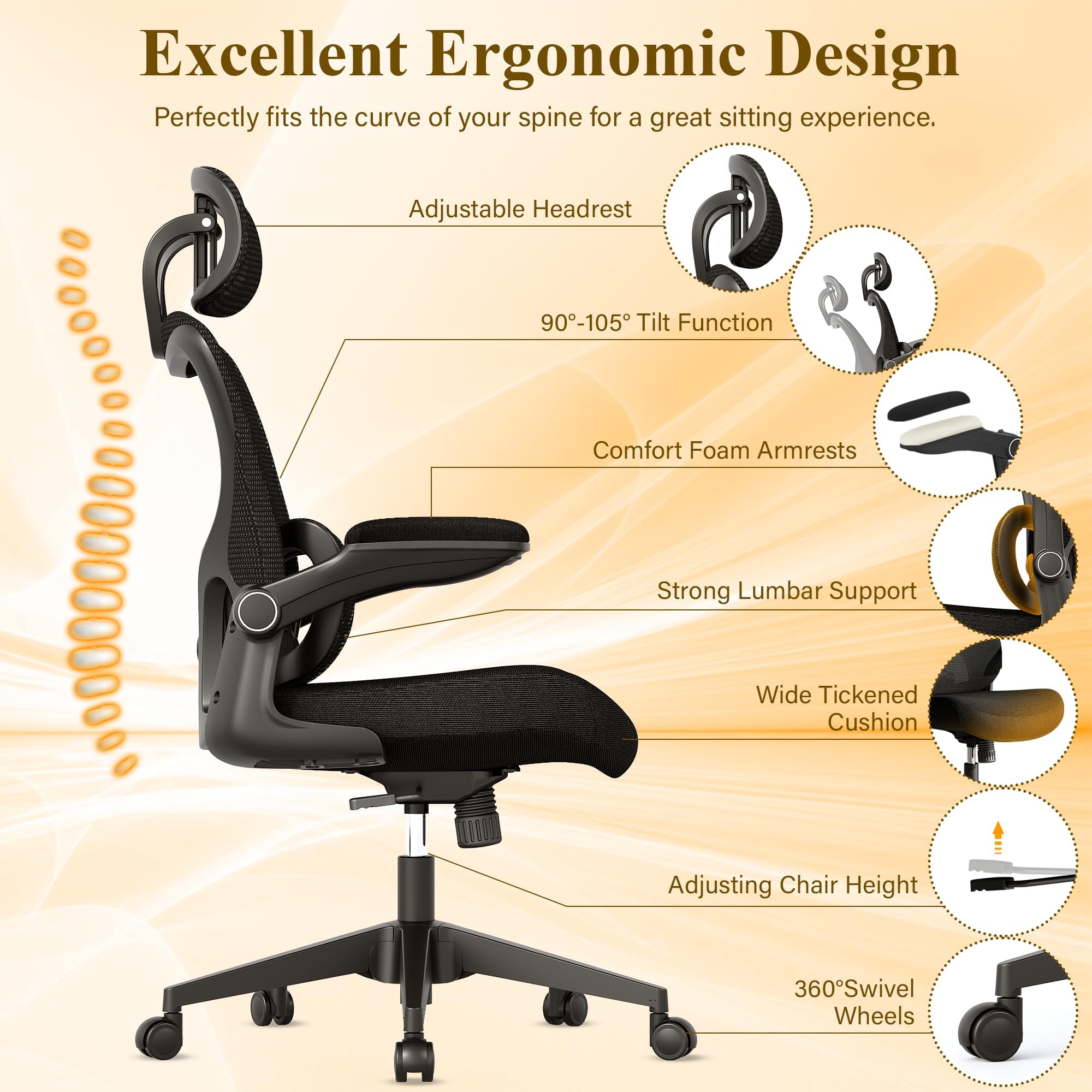 Premium Ergonomic Office Chair - High Back Mesh Computer Gaming Chair with Adjustable Lumbar Support, Flip-Up Arms & Headrest | BIFMA Certified for Home Office, Gaming & Workspaces | Tilt Function, Wide Seat Cushion & Smooth Swivel Wheels for All-Day Comfort