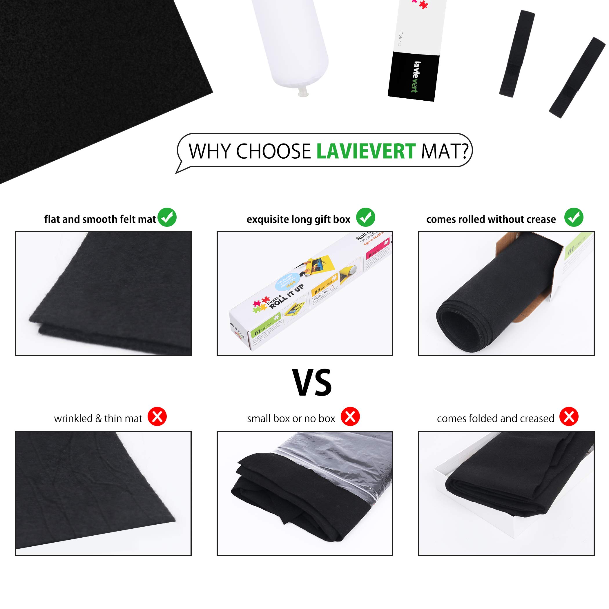 LAVIEVERT Jigsaw Puzzle Roll Mat - Felt Storage Mat for Puzzles Up to 1500 Pieces, Eco-Friendly Puzzle Saver with Long Box Packaging (No Folded Creases) - Black | Perfect for Home, Travel & Puzzle Preservation