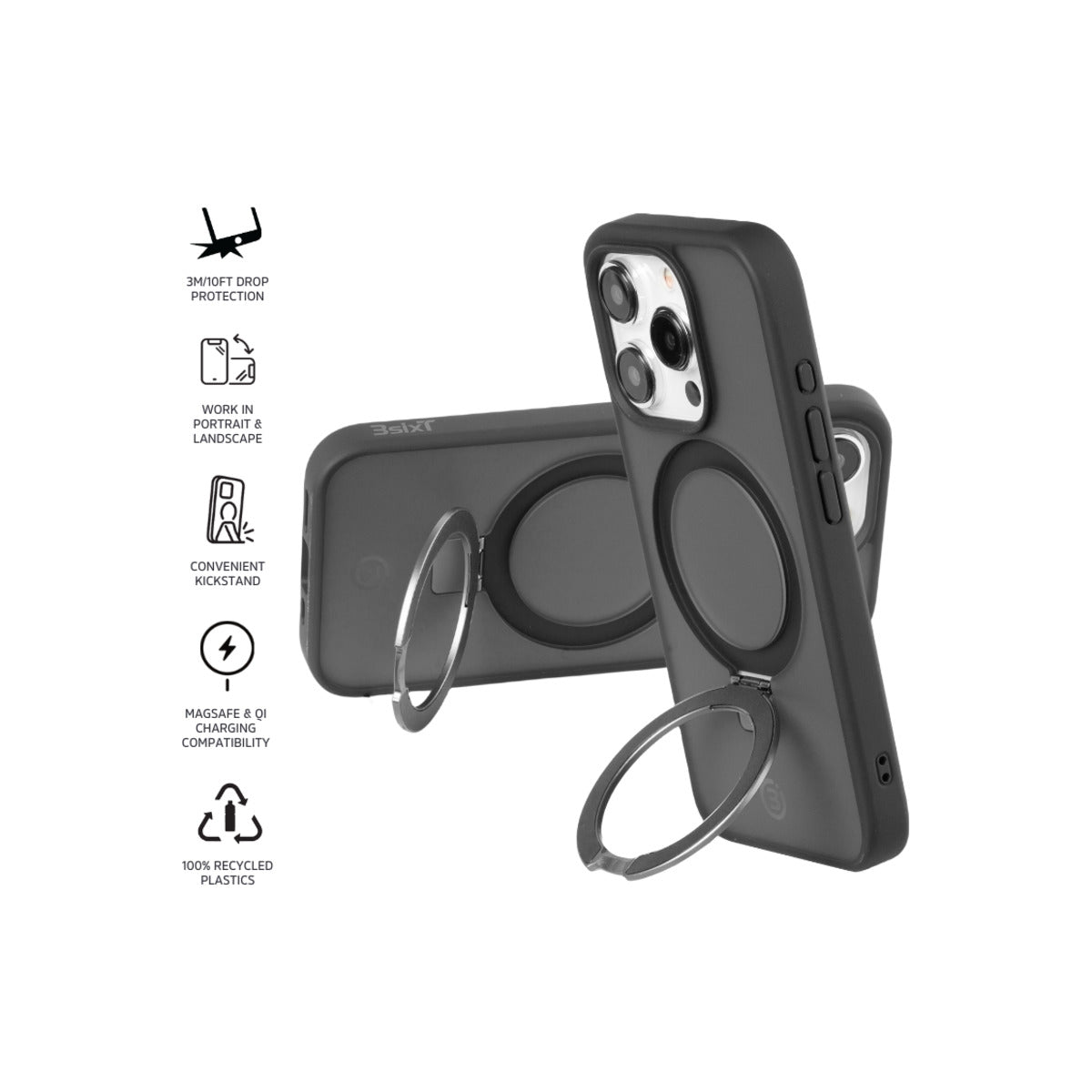 3sixT Neo Stand for Apple iPhone 15 Pro - Premium Phone Holder in Black | Perfect for Desk, Car & Nightstand Use