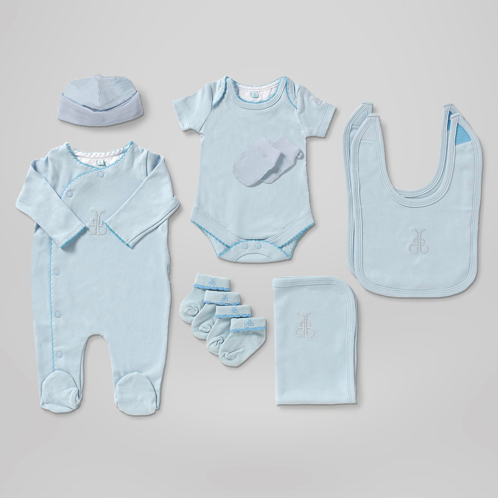Premium Newborn Baby Gift Basket for Boys - Luxury Baby Shower, Christening & Welcome Home Gift Set - Blue & White Theme - Perfect for New Parents & Infants