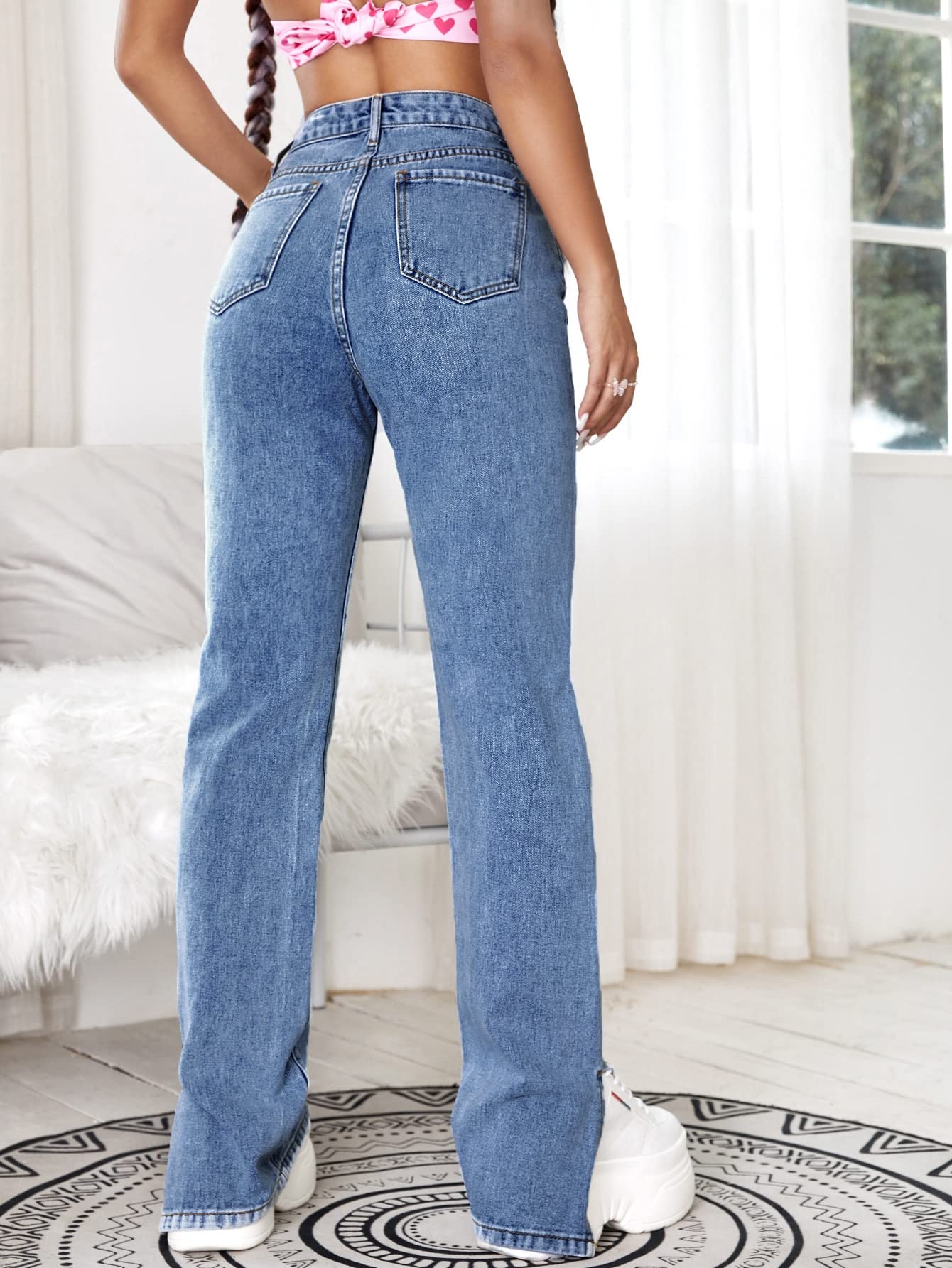 WDIRARA Women's High Waist Asymmetrical Split Side Long Denim Jeans - Trendy Stretch Skinny Pants for Casual Outfits & Night Out