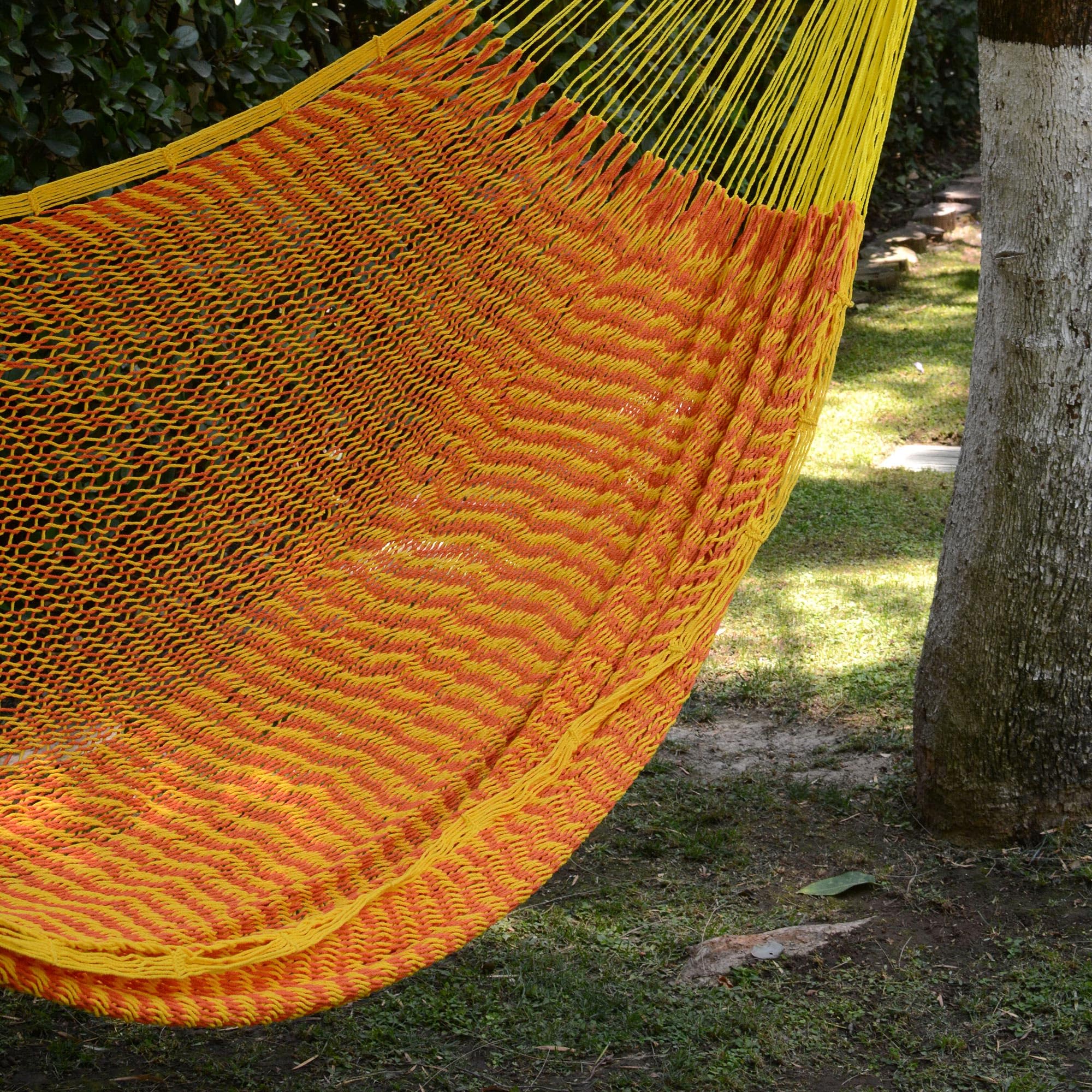 NOVICA Hand Woven Cotton Mayan Double Hammock - XL Size for 2 Persons, Bright Saffron Sun Yellow & Orange - Perfect for Backyard Relaxation & Beach Lounging