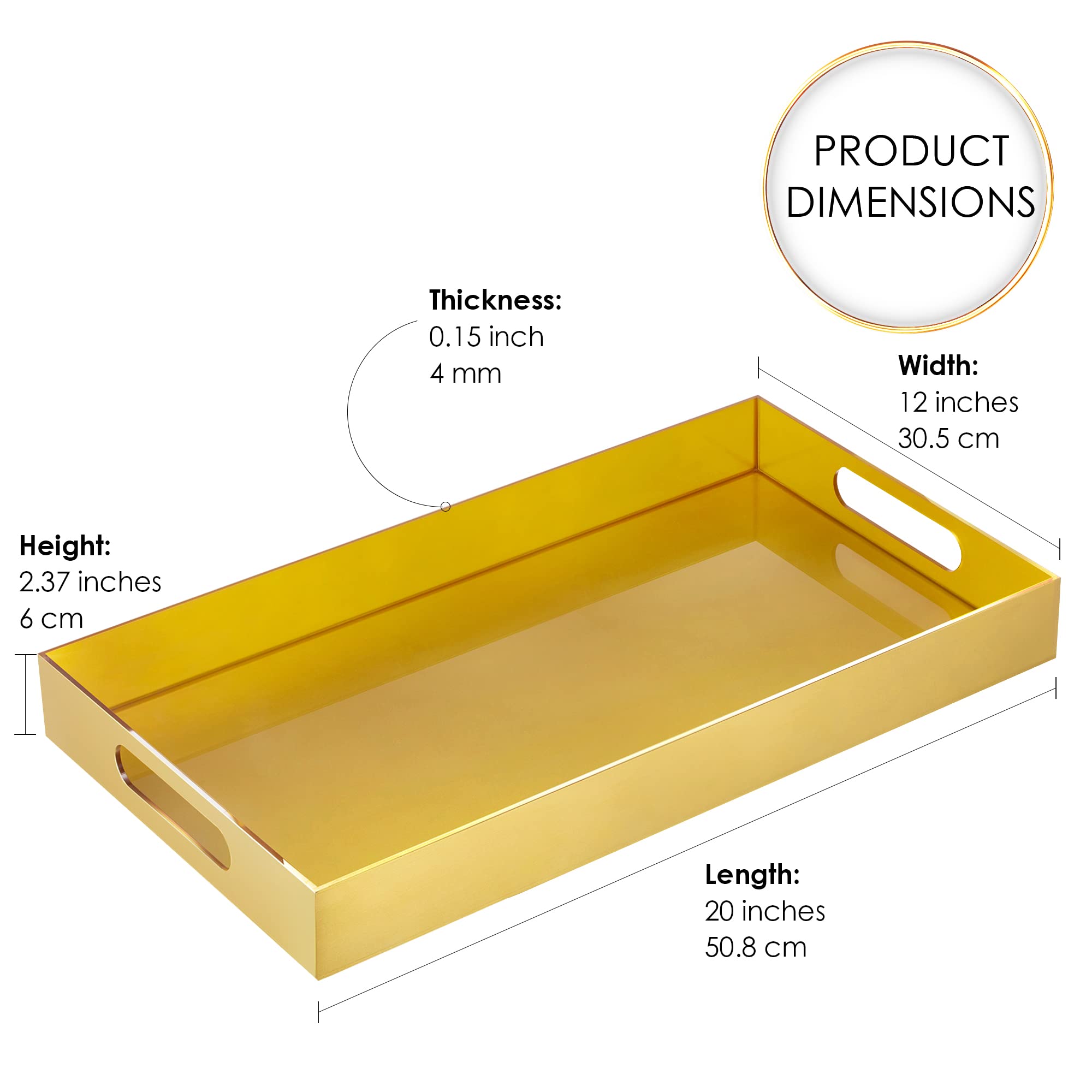 Acrylic Gold Serving Tray with Handles - Large Rectangle Makeup Organizer, Sturdy Bed Tray & Leakproof Coffee Bar Accessory | 12
