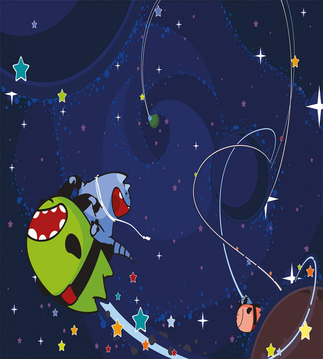 Ambesonne Space Cat Duvet Cover Set - Cartoon Kittens & Aliens with Stars & Planets on Abstract Design, 3-Piece Bedding Set with 2 Pillow Shams, California King Size, Green Brown Dark Blue - Perfect for Kids' Rooms, Space-Themed Bedrooms & Sci-Fi Decor