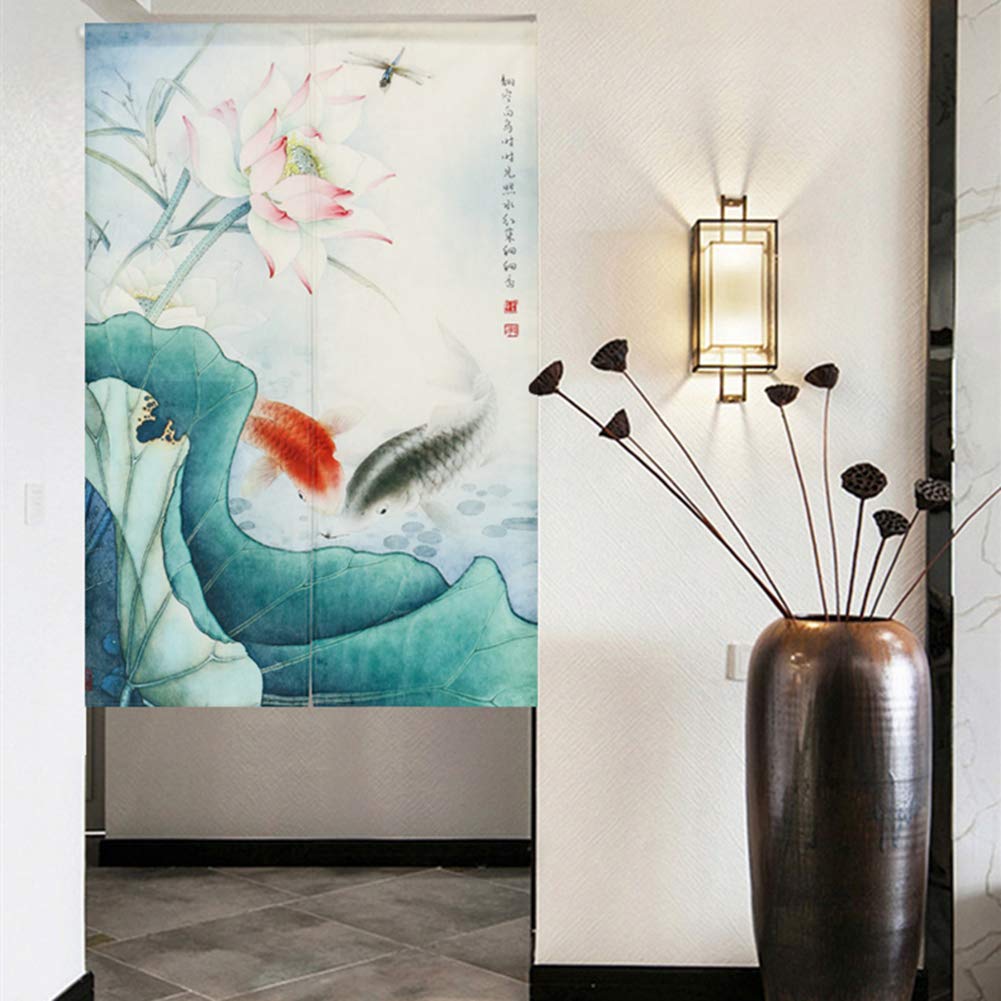 Japanese Noren Curtains - Cotton Linen Doorway Tapestry with Lotus Flower Design, 27