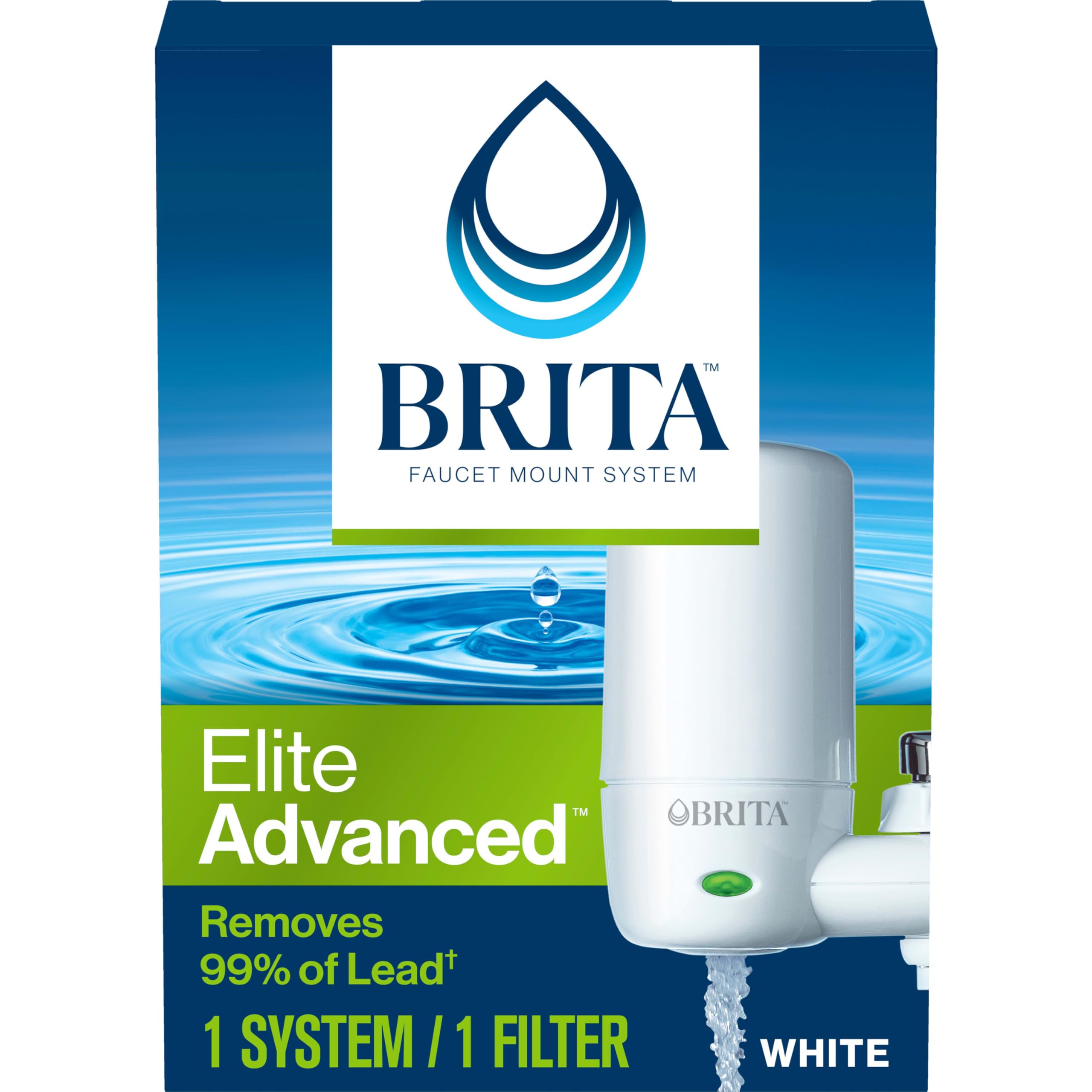 Brita Faucet Mount Water Filter System - Advanced Filtration Removes 99% Lead & Impurities, Includes 1 Replacement Filter, White - Perfect for Kitchen Sink, Home & Office Water Purification