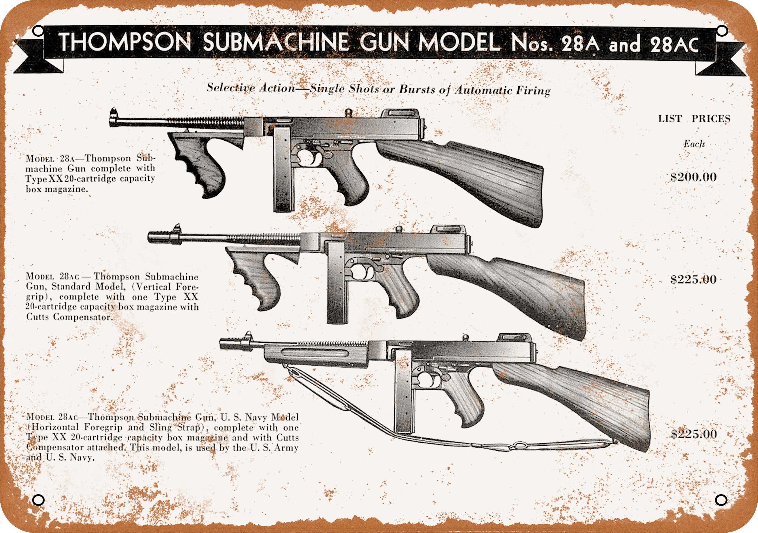 10 x 14 Inch Vintage Metal Wall Sign - 1944 Thompson Submachine Gun Retro Decor - Perfect for Man Cave, Garage, Bar, or Military History Display