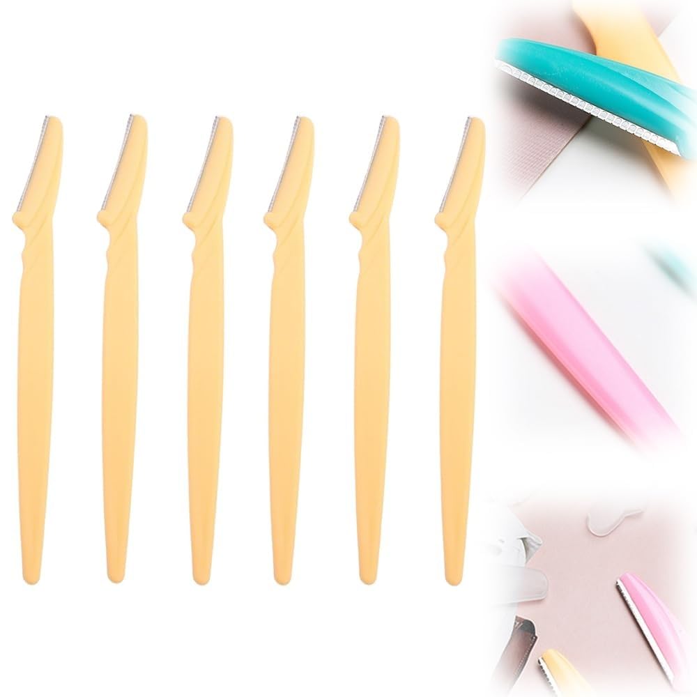 6Pcs Stainless Steel Eyebrow Razors for Women & Men - Reusable Dermaplaning Face Razor Tool, Portable Eyebrow Trimmer for Smooth Skin Care & Hair Removal - Perfect for Travel, Home & Salon Use (Yellow)