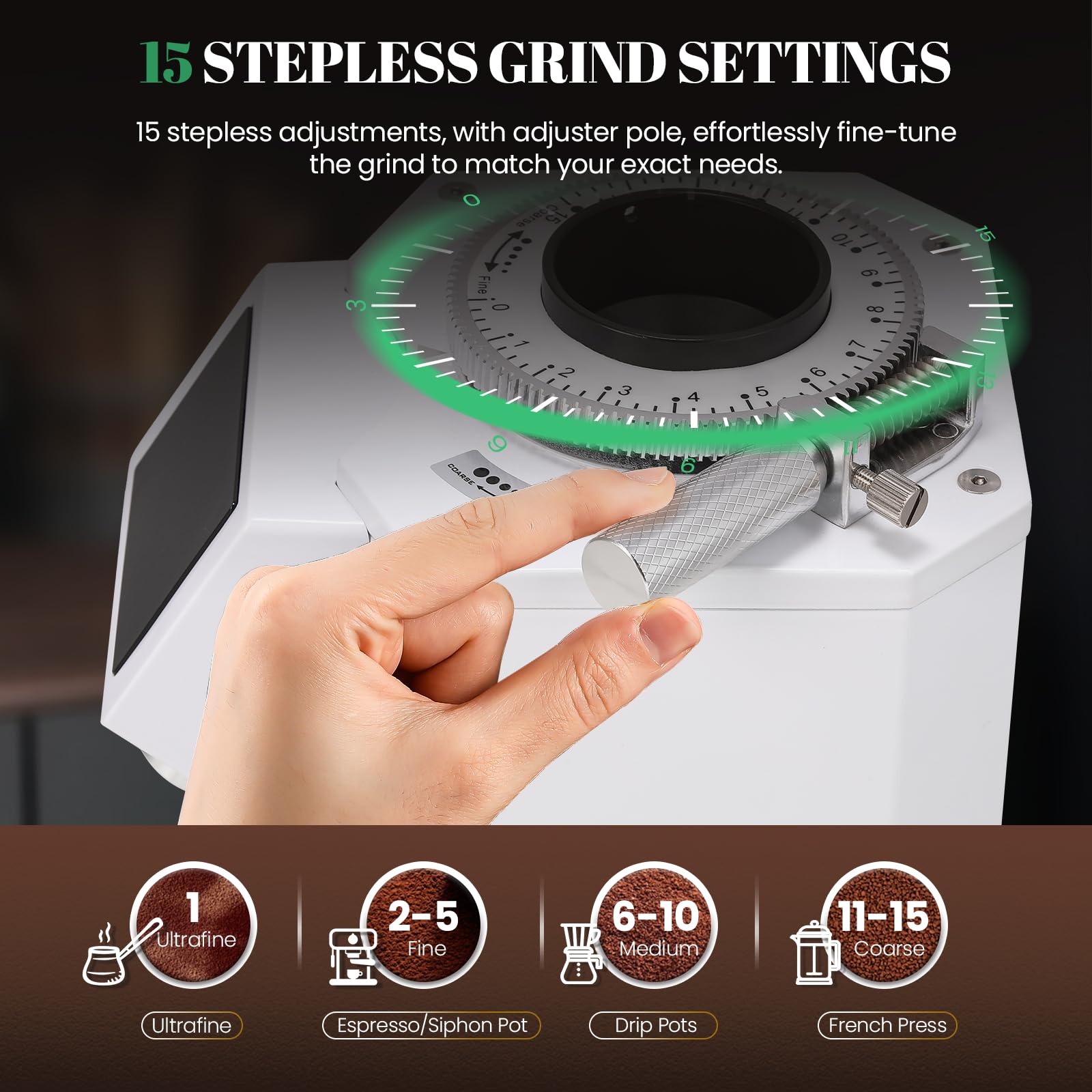 Huanyu Professional Electric Coffee Grinder - 74mm Flat Burr, 53oz Bean Hopper, 15 Infinite Grind Settings, Touch Screen, White | Perfect for Espresso, French Press & Pour Over Brewing at Home or Cafe