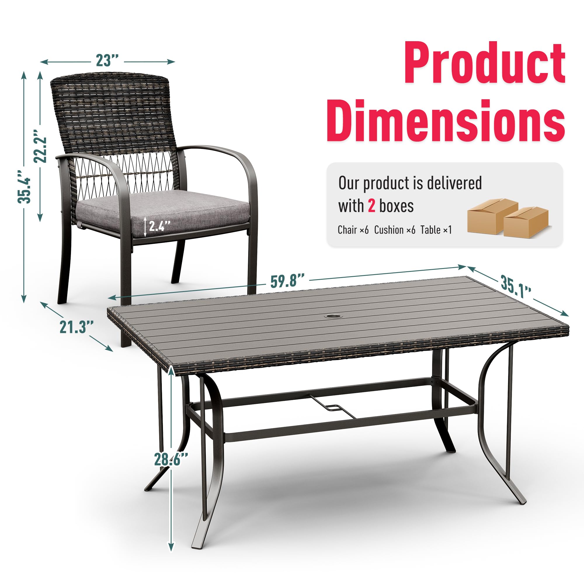 Pamapic 6-Piece All-Weather Rattan Outdoor Dining Set with Removable Waterproof Cushions & Umbrella Hole - Patio Table and Chairs for Backyard, Garden, Poolside (Gray)