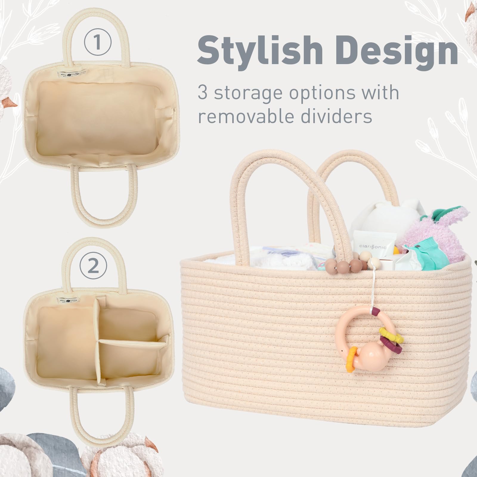 Miss Fong Diaper Caddy Organizer - Portable Baby Essentials Organizer with Removable Dividers, Travel Storage Basket in Creme - Perfect for Nursery, Baby Shower Gift & On-the-Go Parents