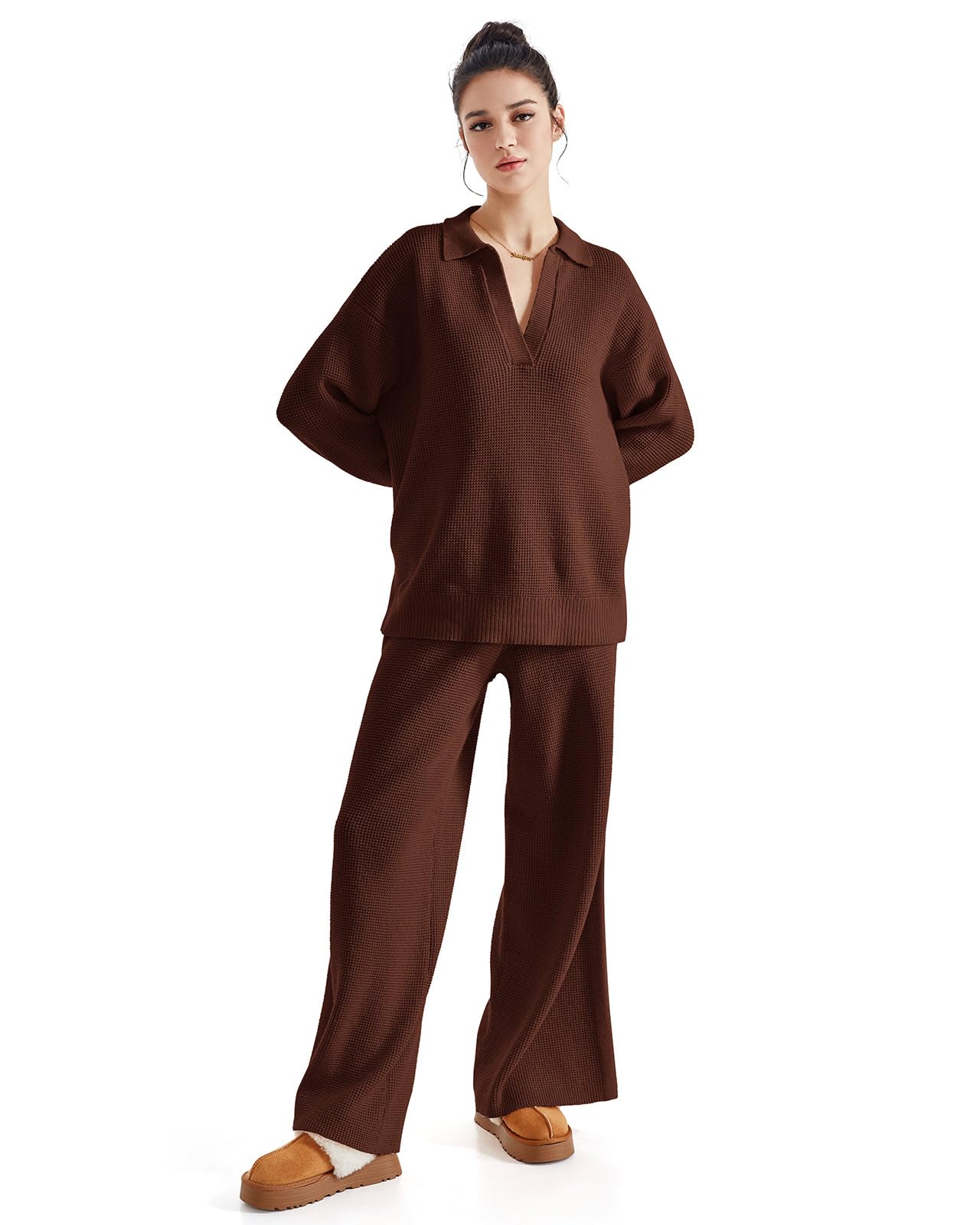 SUUKSESS Women's 2-Piece Fall Outfits - Soft Waffle Knit Sweater & Lounge Pants Matching Set | Cozy Autumn Loungewear for Home, Casual Wear & Coffee Dates