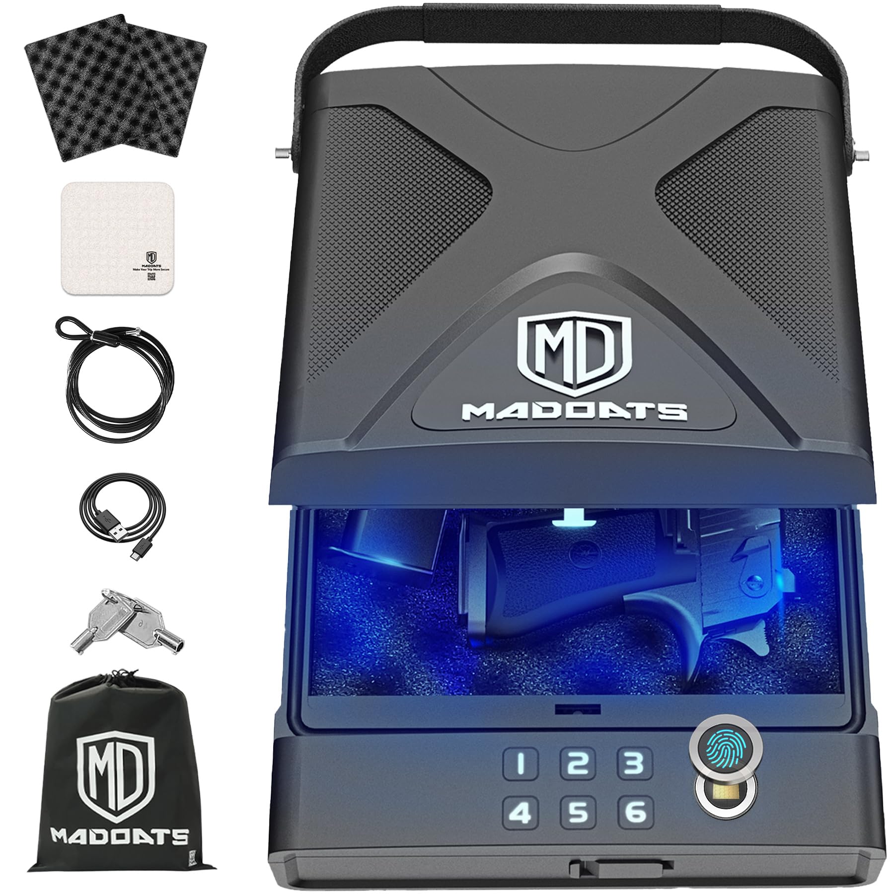Portable Car Gun Safe - Biometric Fingerprint & Keypad Lock Box for Pistols with Security Cable | Vehicle, Home & Travel Use for Handgun Storage & Safety