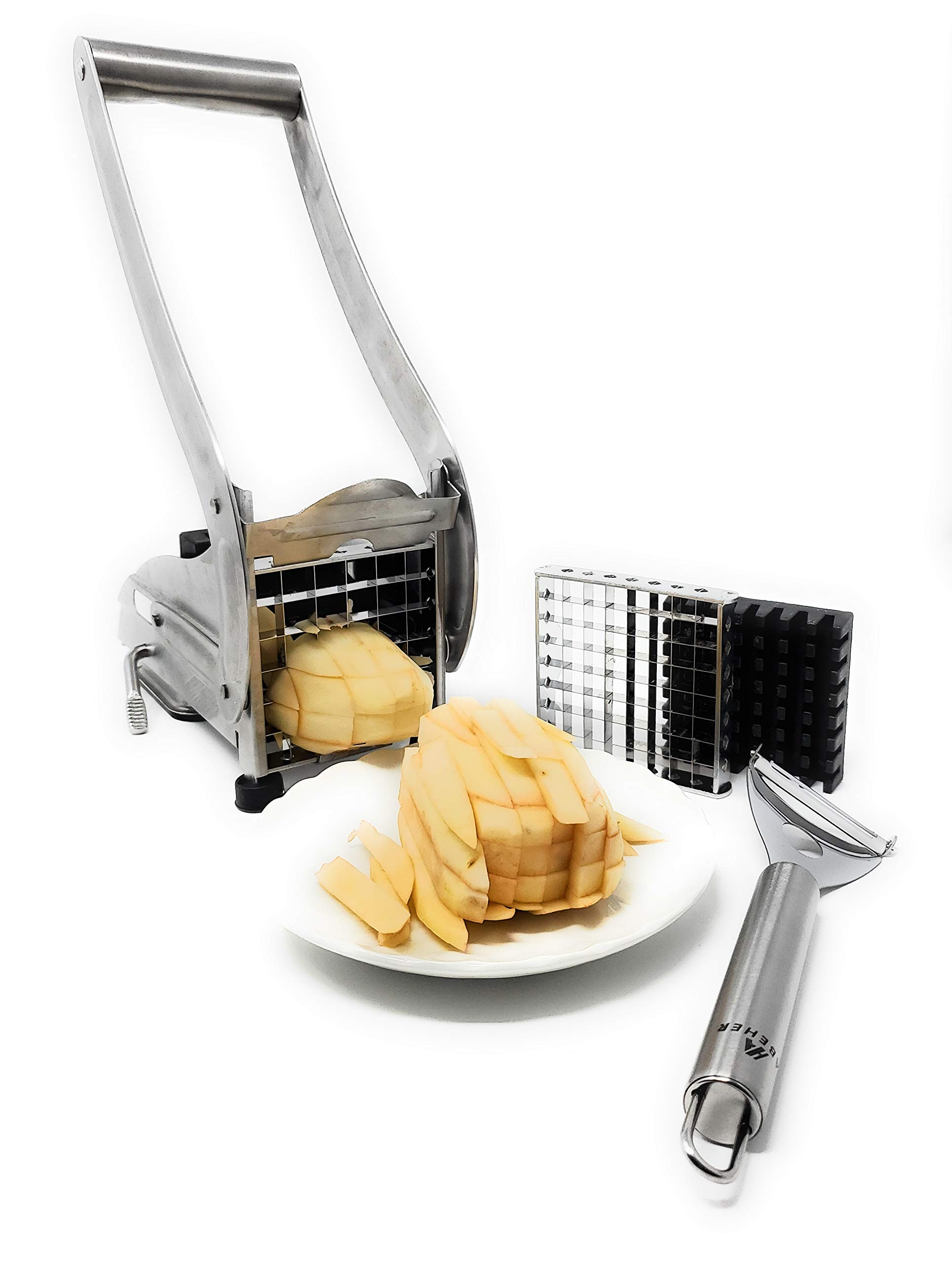 Commercial Grade Stainless Steel French Fry Cutter with 2 Blade Sizes - Heavy Duty Potato Slicer, Dicer & Chopper for Perfect Fries - Non-Slip Suction Base for Kitchen & Restaurant Use