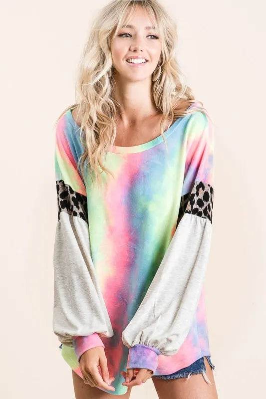 Bibi Tie Dye Terry Top with Contrast Puff Sleeves in Pastel Colors | Women's Fashion Tunic | Casual Wear & Summer Outfits