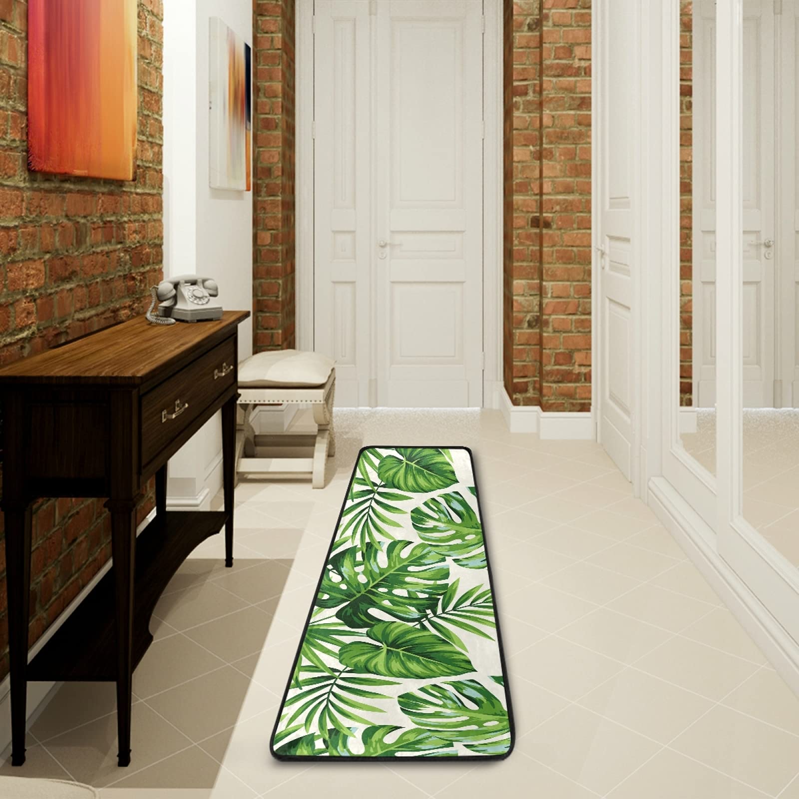 Non-Slip Green Palm Leaves Tropical Runner Rug - 2x6 FT Indoor/Outdoor Area Rug for Hallway, Kitchen, Bathroom & Bedroom | Soft Floor Mat for Entryway, Doormat & Home Decor