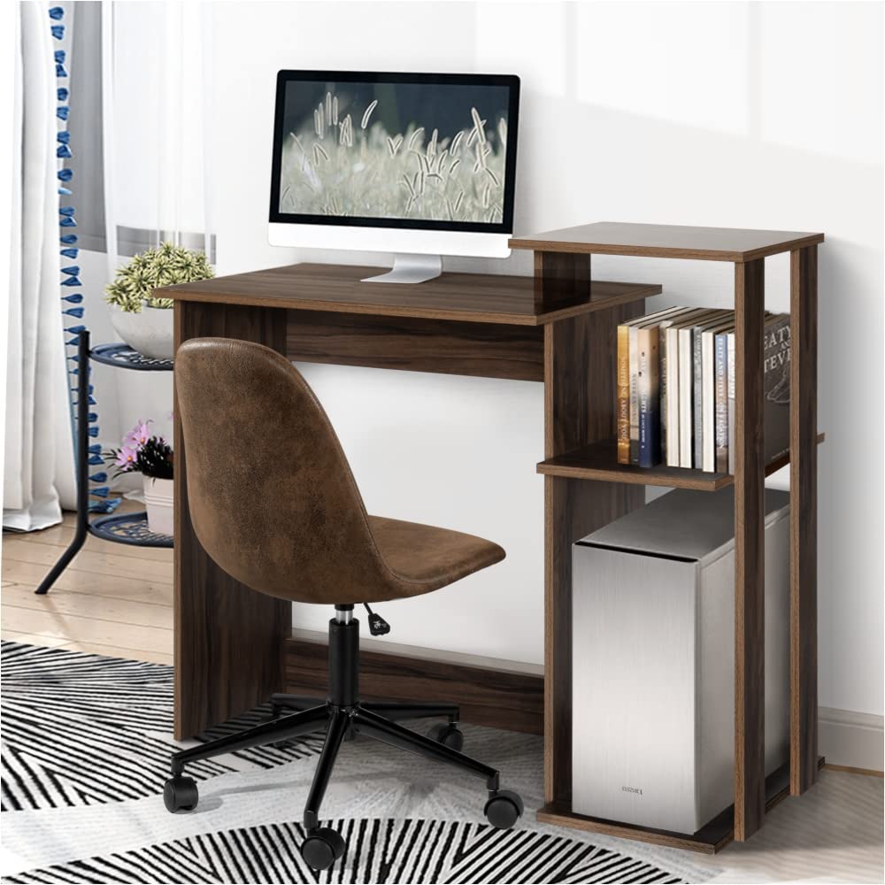 Efficient Home Office Laptop Desk with Square Shelves - Brown Wooden Computer Workstation for Small Spaces | Perfect for Remote Work, Study & Gaming Setup