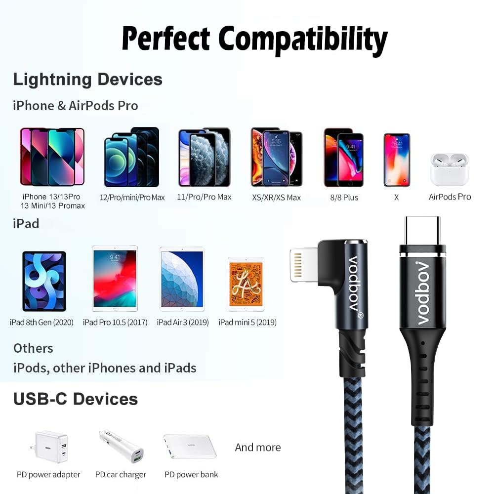 2-Pack 90 Degree Right Angle USB C to Lightning Cable 6ft & 10ft - Fast Charging Braided Cord for iPhone 14/13/12/11/X/8/Pro/Max - Durable Nylon Charger with Data Sync & Power Transfer - Perfect for Home, Office & Travel Charging
