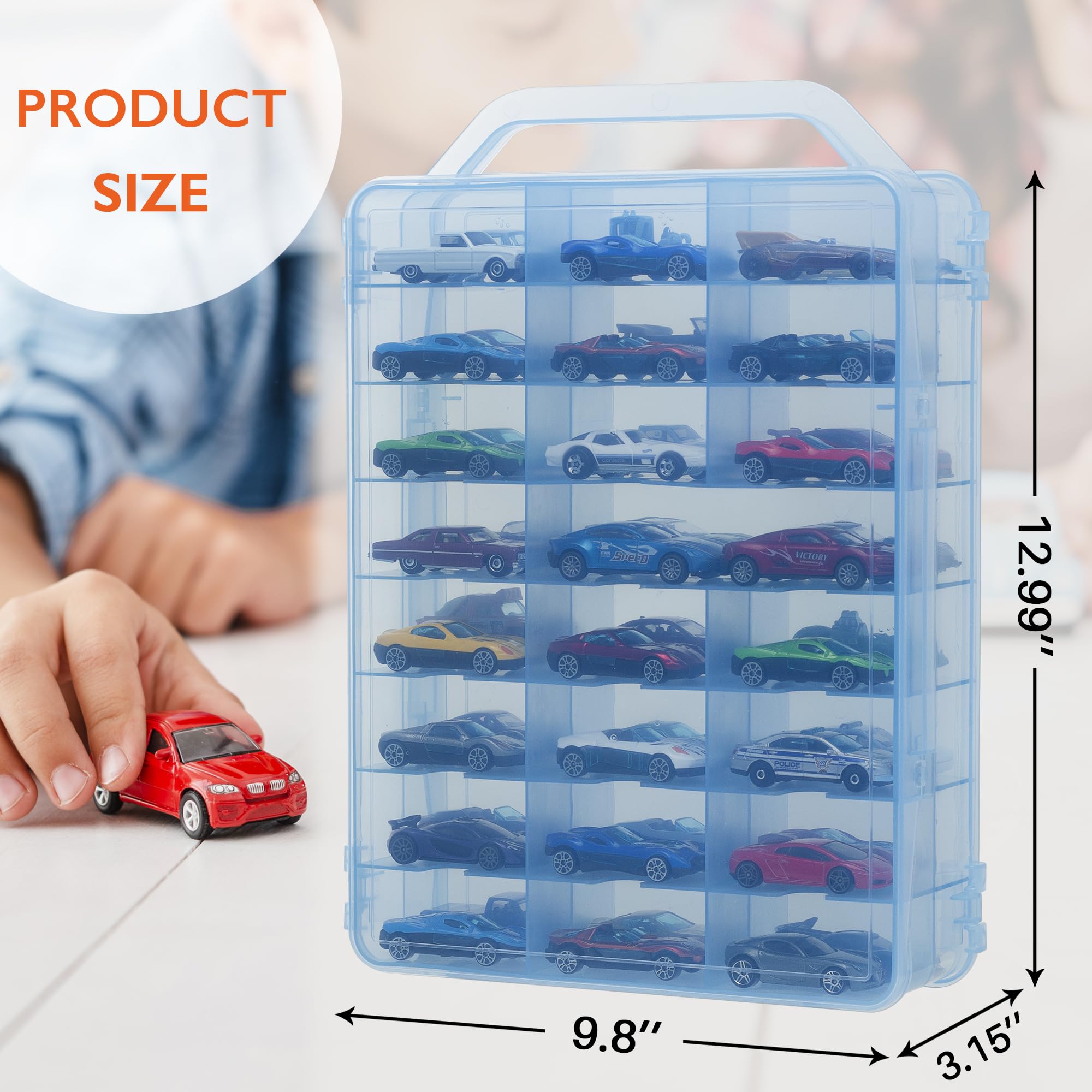 KISLANE Double Sided Car Storage Case for 48 Matchbox Cars, Mini Toys & Small Dolls - Portable Transparent Organizer with 48 Slots (Blue) | Perfect for Kids' Toy Storage, Travel & Playroom Organization