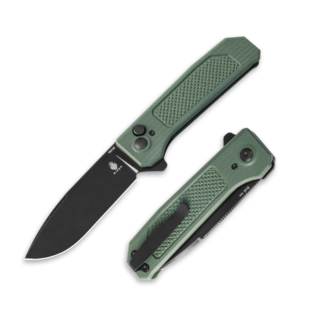 Kizer V3630C2 Vanguard Brat Button Lock Folding Knife - Plain Black Blade & Green G10 Handles - EDC Pocket Knife for Outdoor, Camping, and Everyday Carry
