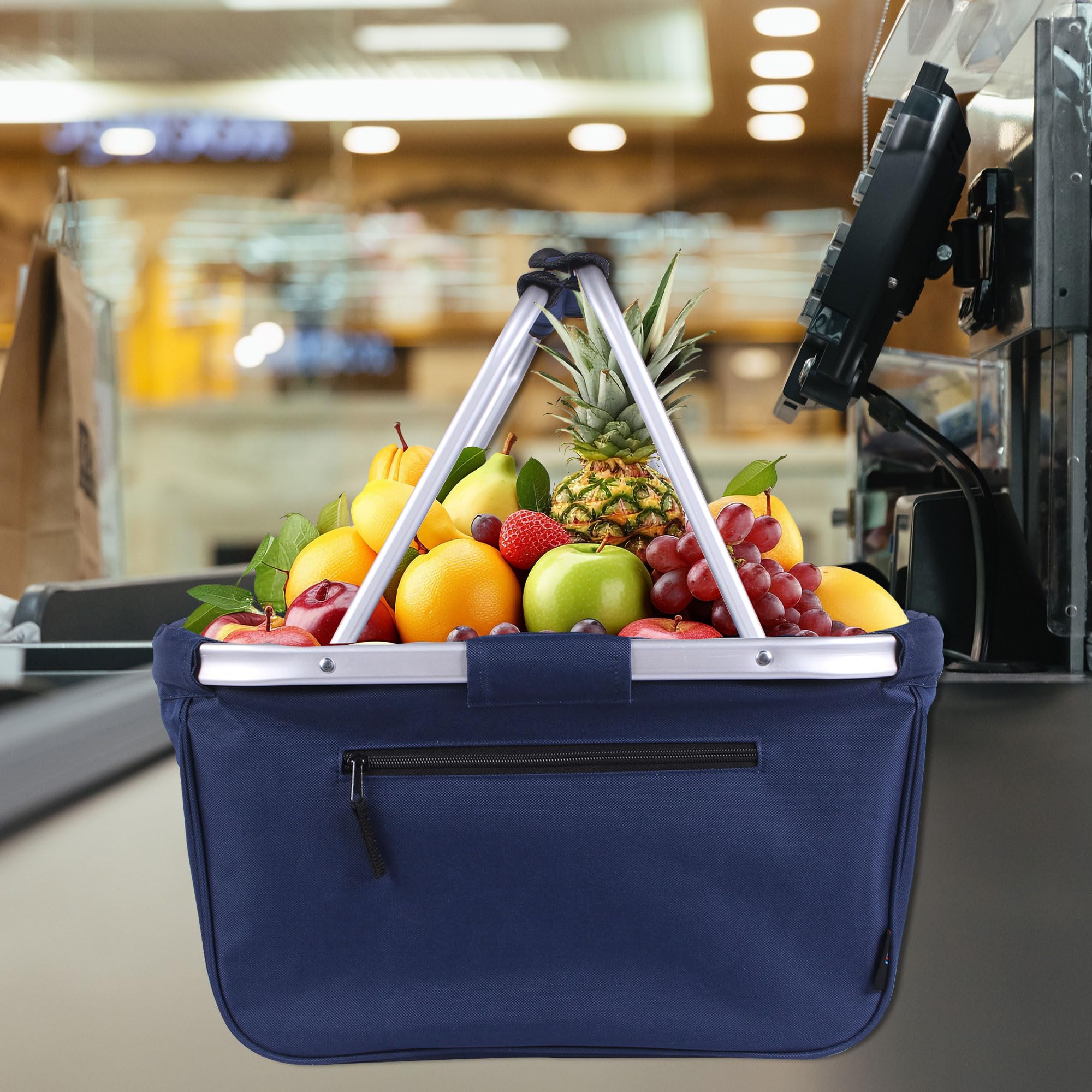 SIYUAN 24L Collapsible Picnic Basket - Portable Reusable Folding Grocery Basket with 2 Handles for Travel, Camping, Beach Outings & Farmers Market Shopping (Navy Blue)