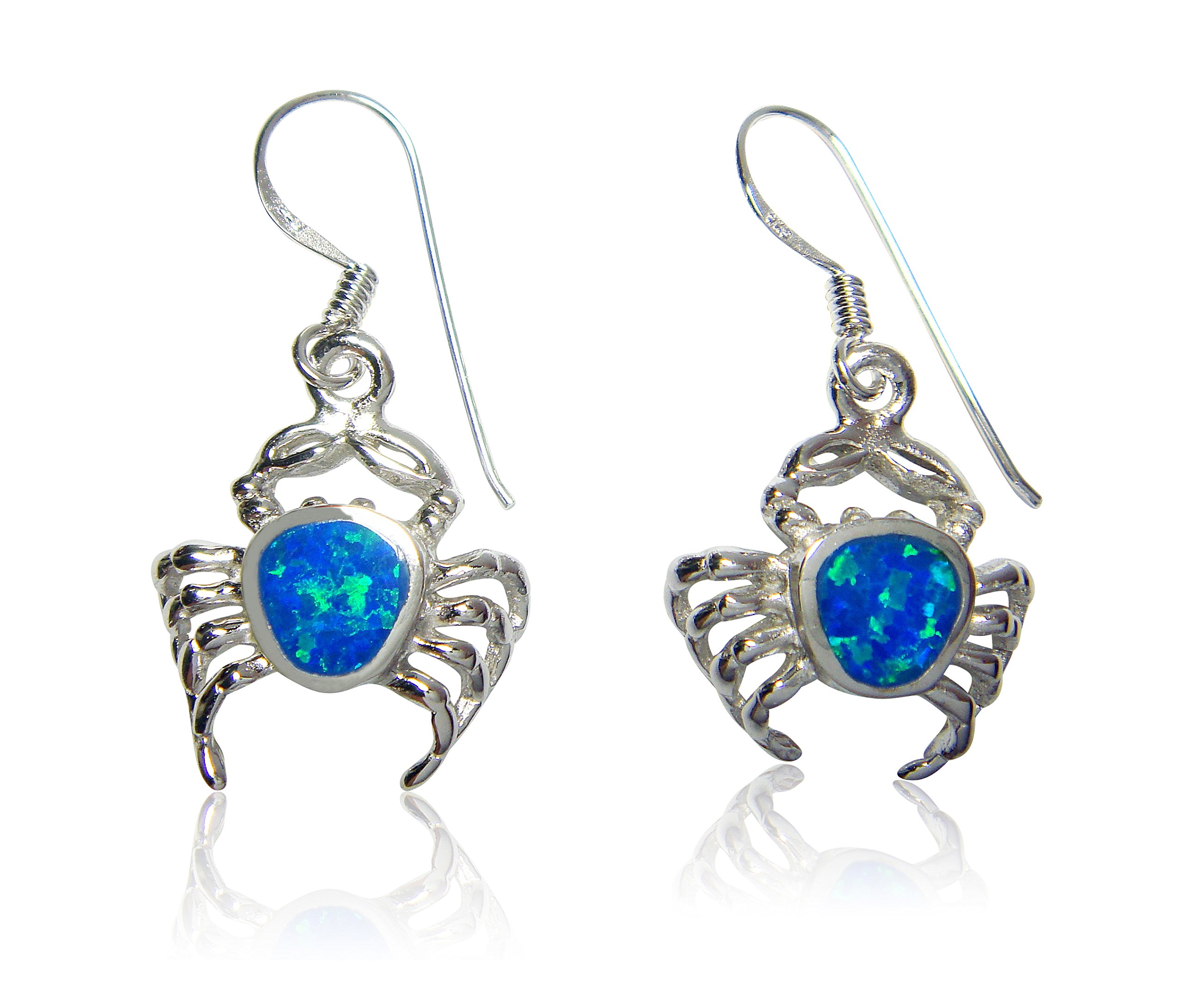 925 Sterling Silver Hawaiian Blue Fire Opal Sea Crab Dangle Earrings Set for Beach Vacation, Summer Party & Boho Jewelry Gift