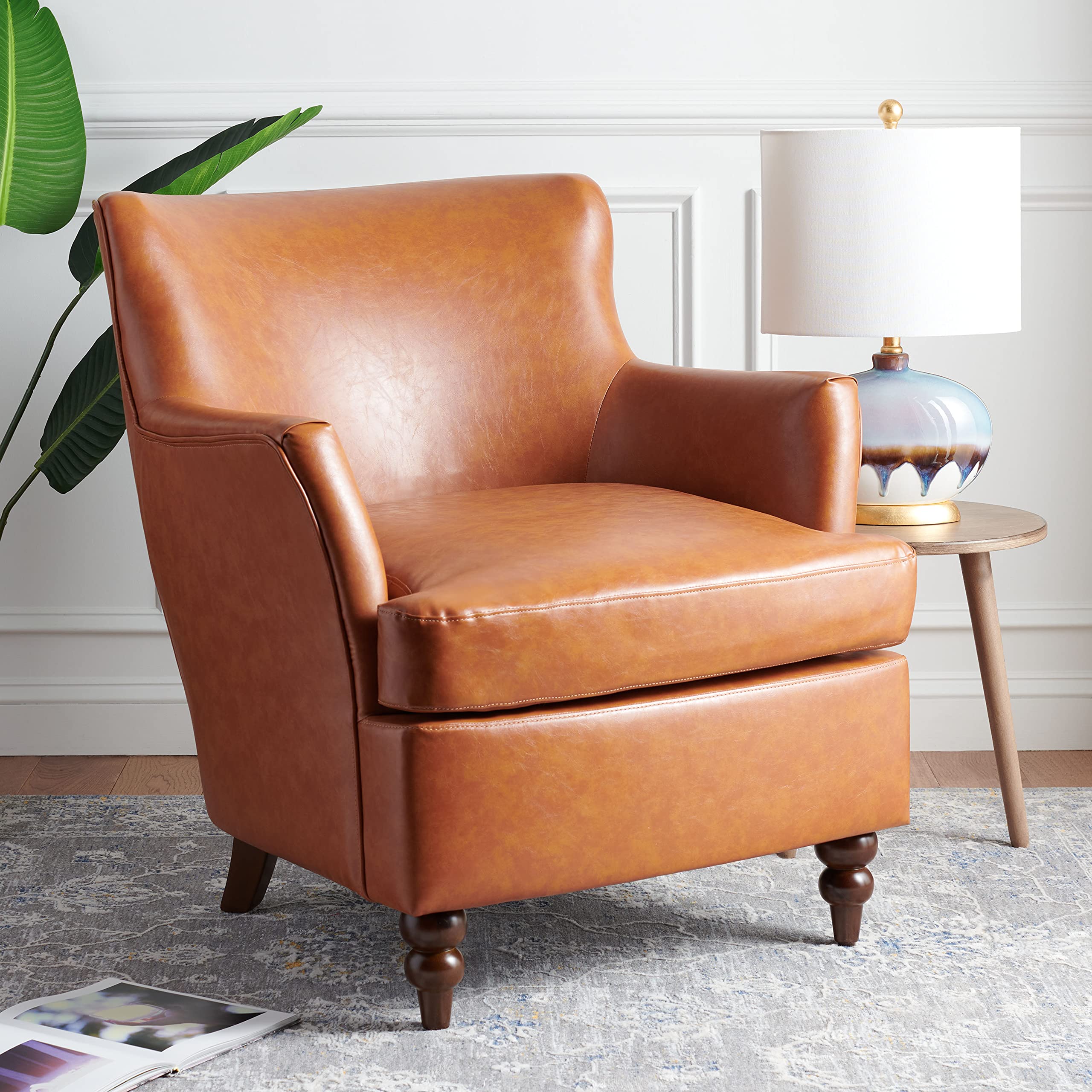 SAFAVIEH Levin Cognac Faux Leather Club Chair with Walnut Accent - Modern Living Room Furniture for Home Office, Lounge & Reading Nook