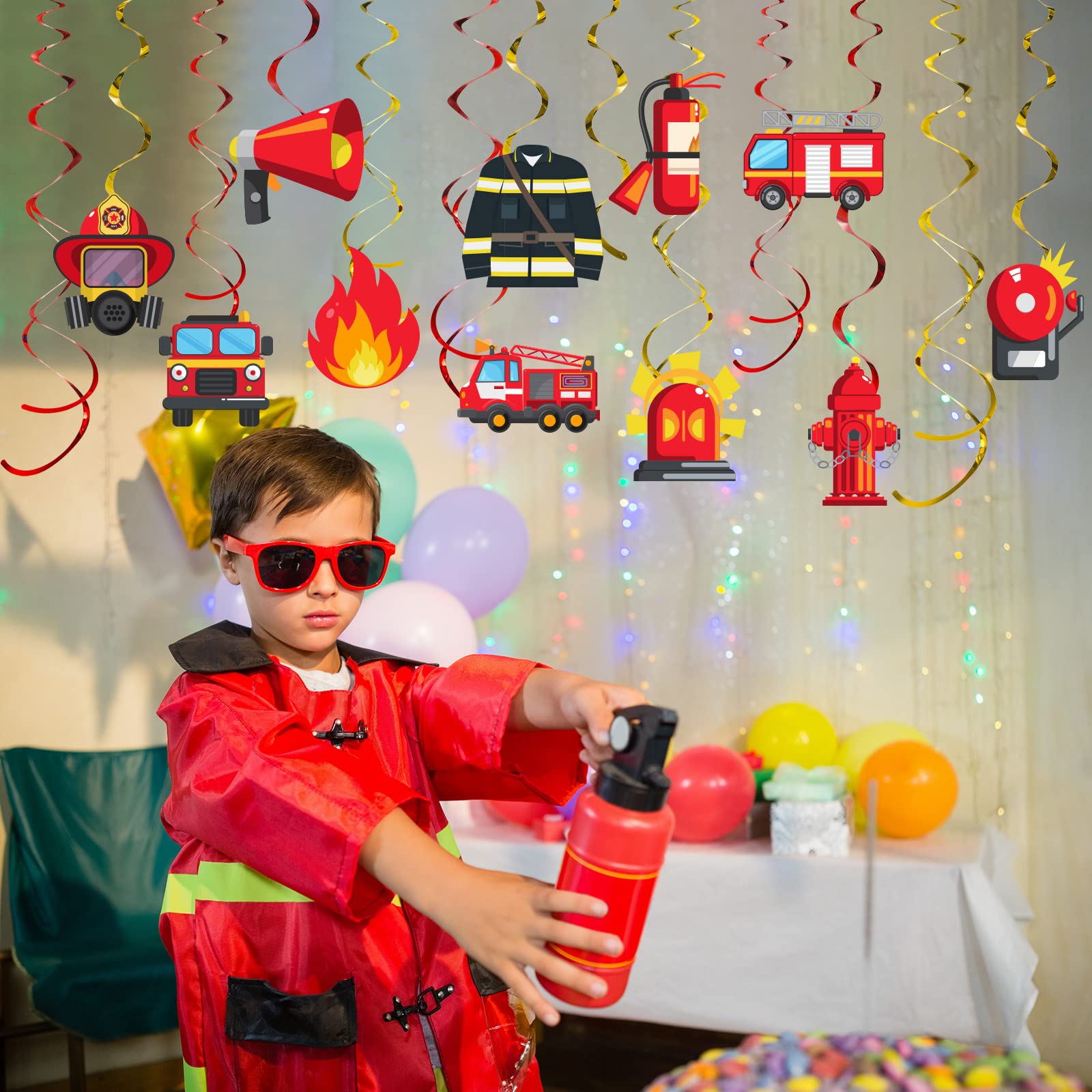 Faccito 30-Piece Fire Truck Hanging Swirl Decorations - Firefighter Party Supplies for Birthday, Baby Shower & Fireman Theme Events - Durable Firetruck Party Favors & Ceiling Decor for Kids Room & Classroom