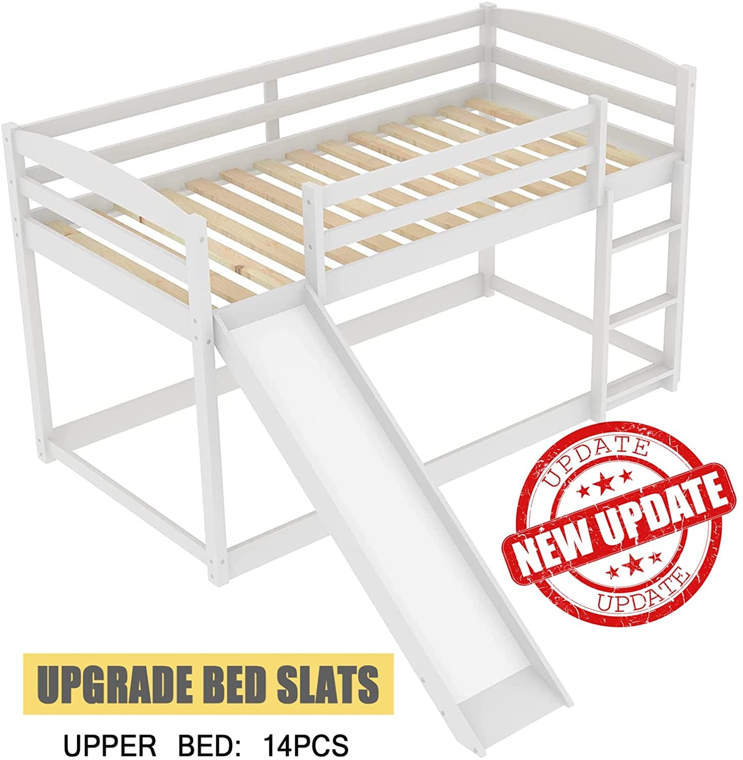 Harper & Bright Designs Twin Over Twin Wooden Bunk Bed with Slide & Ladder - Low Profile Kids Bunk Bed for Toddler Boys & Girls, White - Perfect for Small Bedrooms, Playrooms & Sleepovers