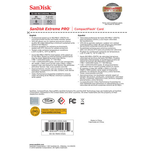 SanDisk Extreme PRO 32GB CompactFlash Card - 160MB/s High-Speed Performance for Professional DSLR Cameras & HD Video Recording