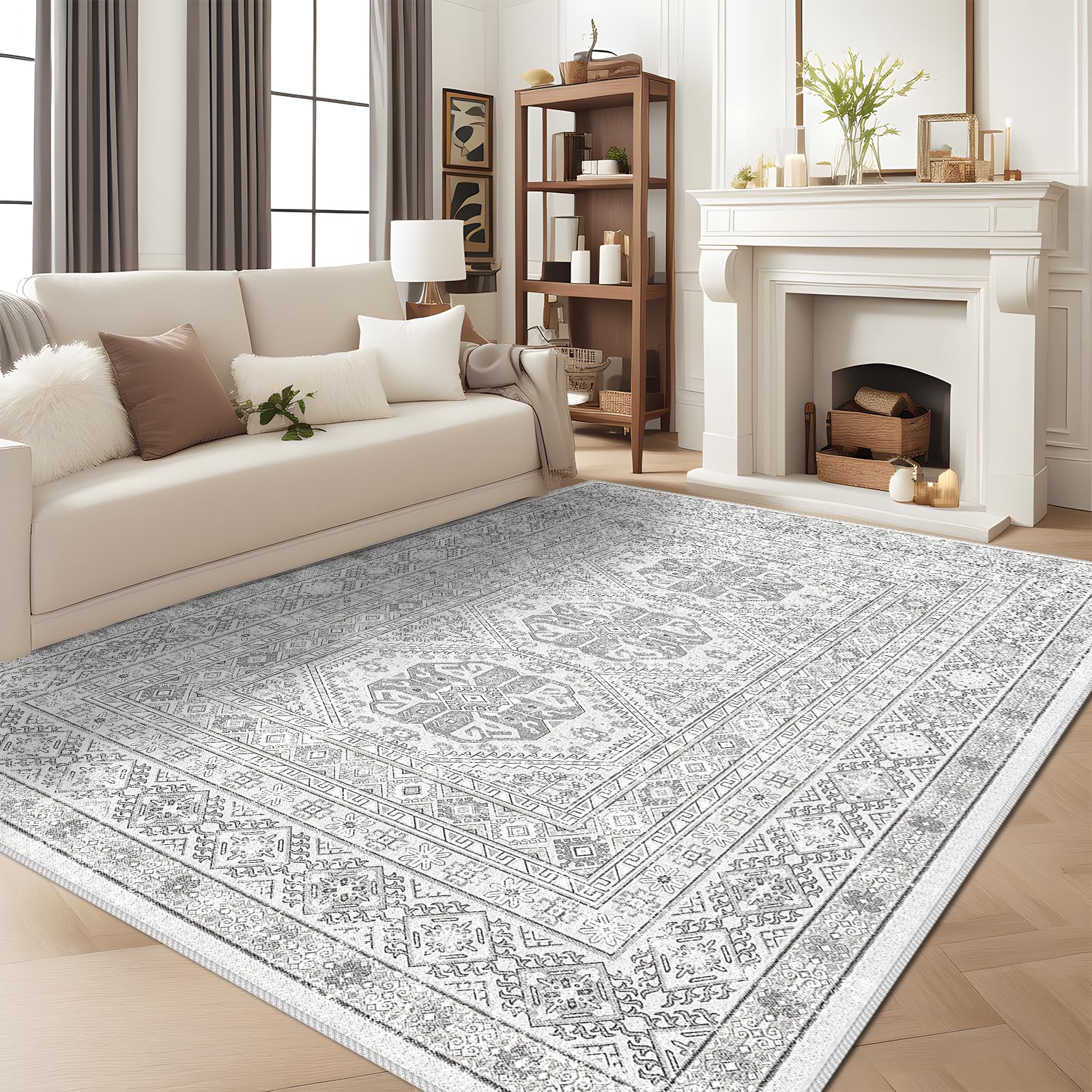 8x10 Washable Area Rugs - Large Non-Shedding Oriental Living Room Rug, Super Soft Vintage Bedroom Carpet, Ultra Thin Farmhouse Distressed Indoor Rug for Kitchen, Dining Room, Hallway - 8x10 Grey - Perfect for Home Decor, Pet-Friendly & High Traffic Areas