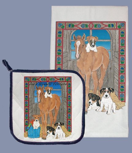 DP861 Premium Dish Towel and Pot Holder Set - Cute Jack Russell Terrier & Horse Design - Perfect for Kitchen, Cooking, Baking, and Gift Giving