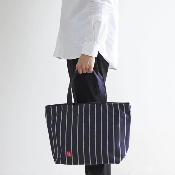 Kurashiki Hampu Japanese Canvas Tote Bag - Navy Blue Striped Pattern with Zipper | Stylish & Durable for Work, Travel & Shopping