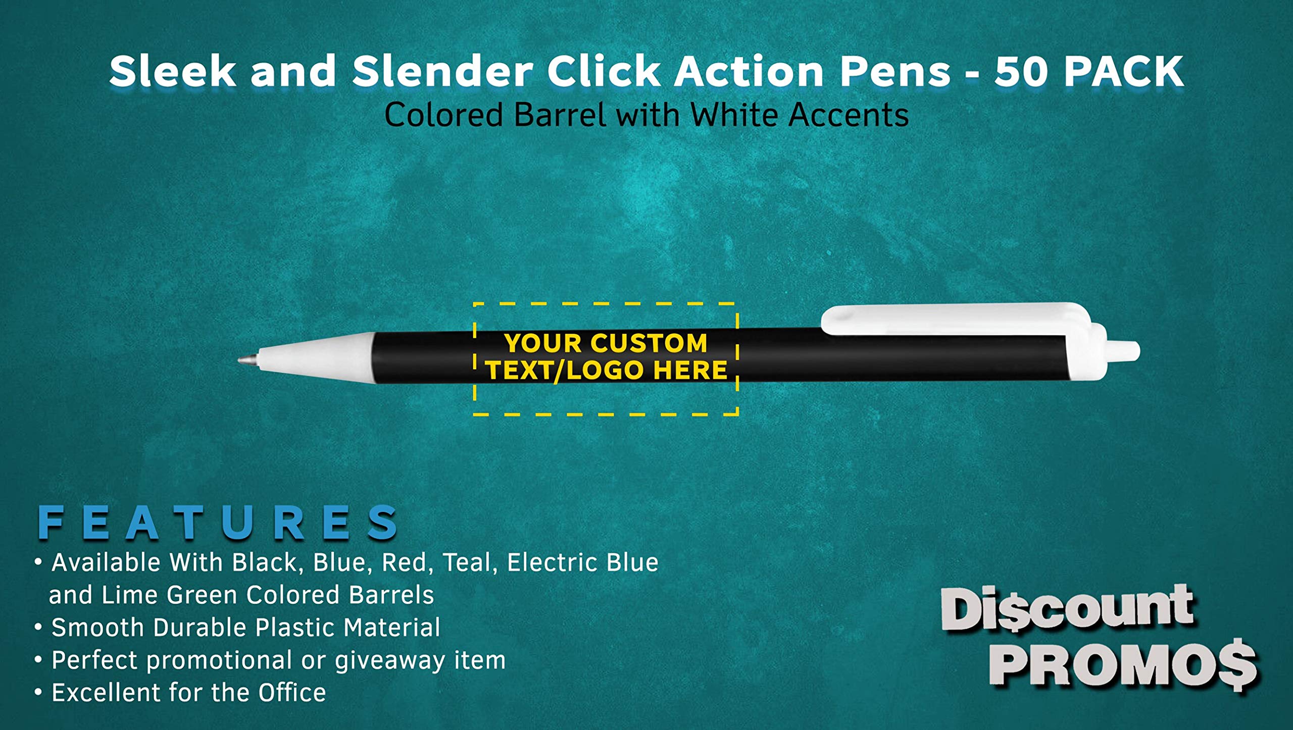 50 Pack Retractable Pens with Custom Text & Logo - Slim Barrel Black Ink Pens for Office, School, Business Promotions - Bulk Promotional Pens for Corporate Gifts, Events & Branding