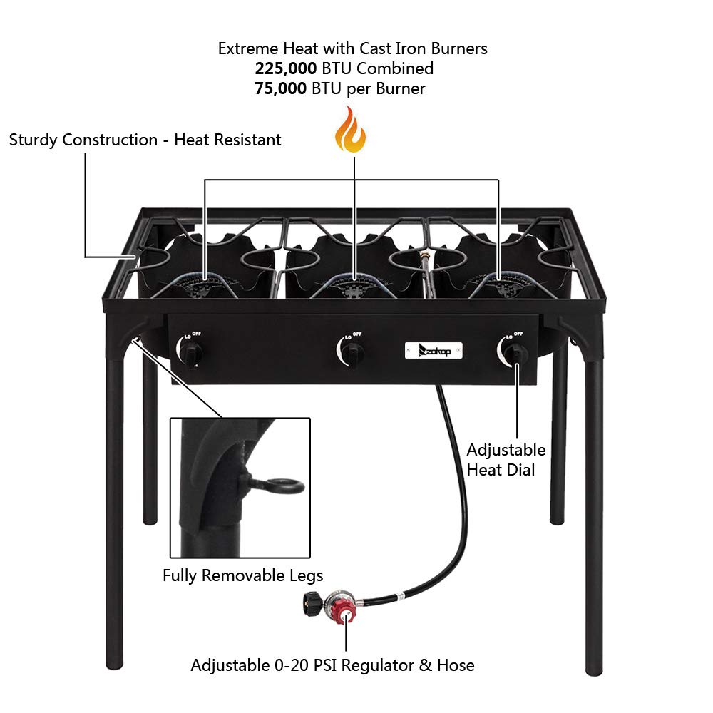 Portable Outdoor Propane Gas Burner Stove - Heavy Duty Cast Iron Camping Cooktop for Home Brewing, Backpacking & Patio Cooking (3 Burner, Black) - Perfect for Camping Trips, BBQ Parties & Outdoor Adventures