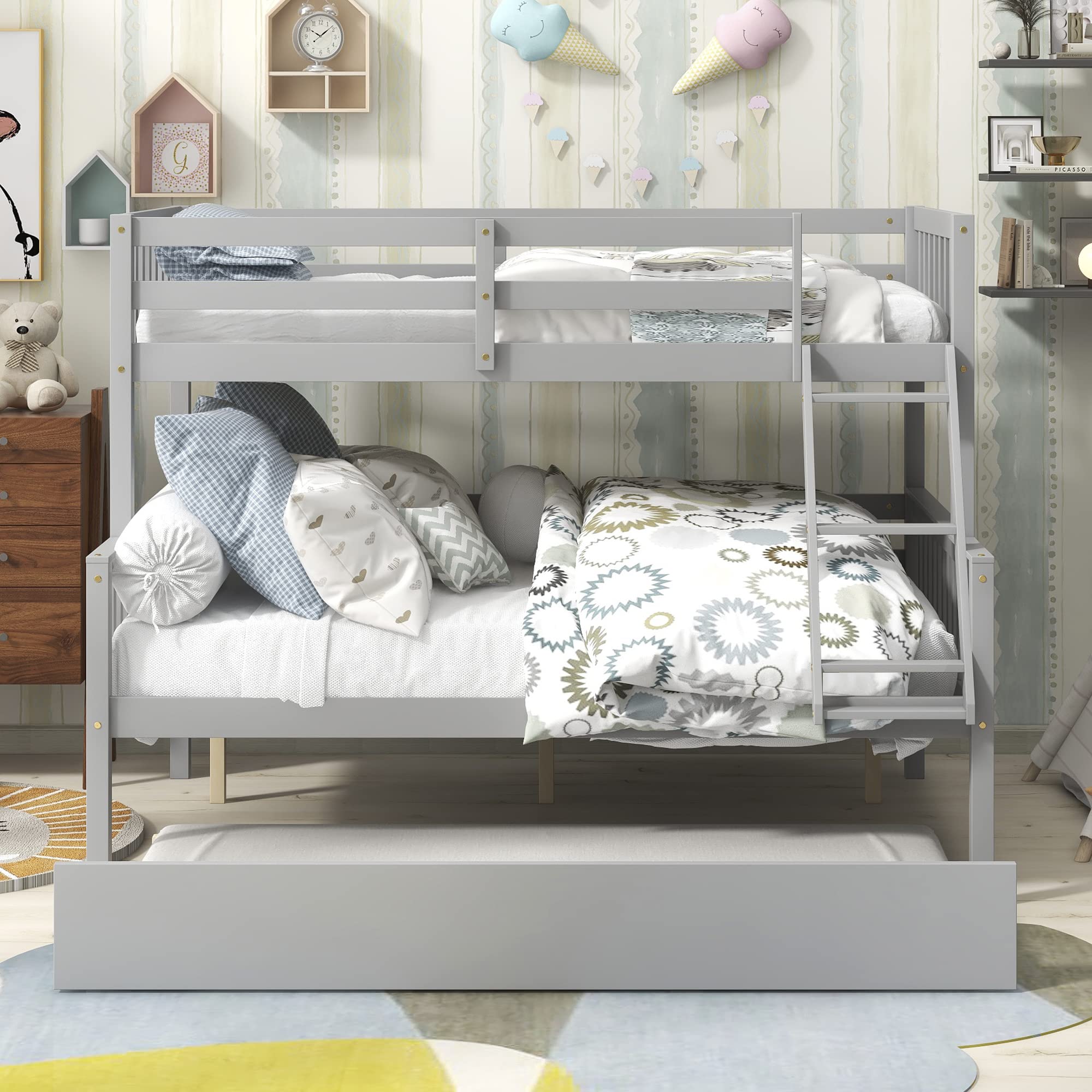 Convertible Twin Over Full Bunk Bed with Trundle - Solid Wood Frame for Kids & Adults - Space Saving for Small Rooms