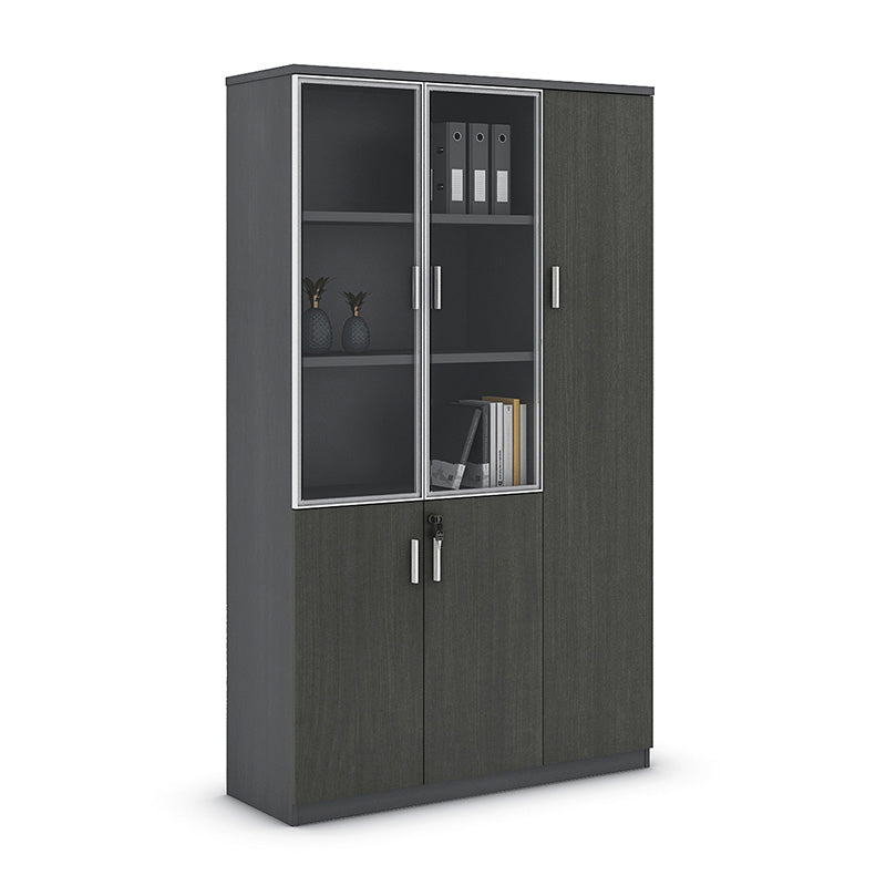 MATEES 3-Door Glass Display Cabinet 120CM (47 Inches) - Modern Grey/Brown Wooden Bookshelf for Living Room, Bedroom & Office Storage