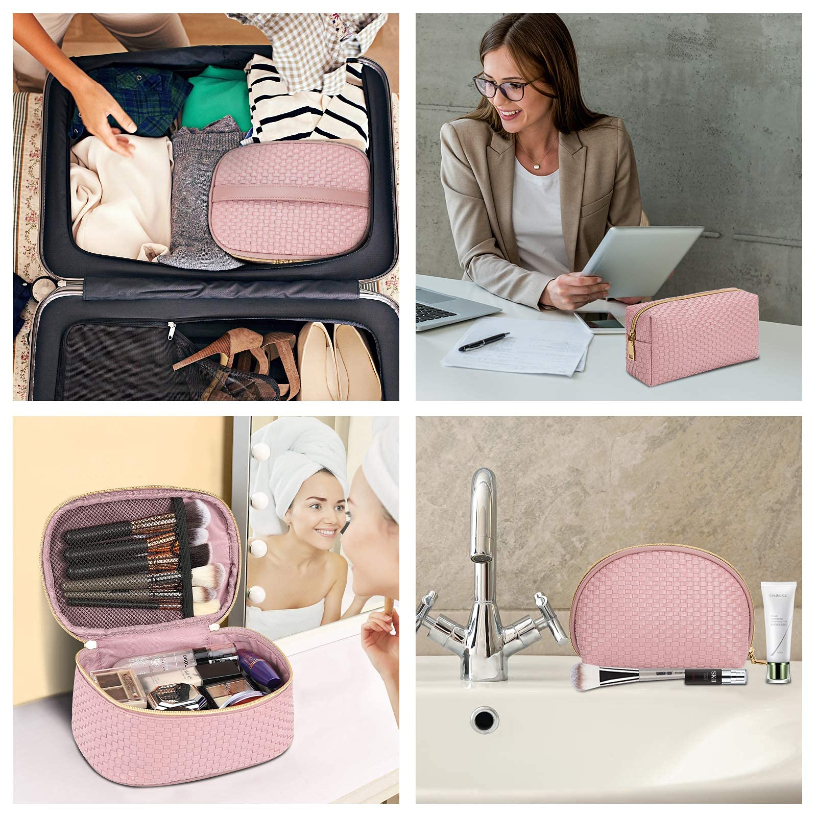 KTMOUW 3-Piece Waterproof Makeup Bag Set - Portable Travel Cosmetic Organizer with Multifunctional Storage | Pink Weave Toiletry Bags for Women | Perfect for Travel, Gym & Daily Beauty Essentials