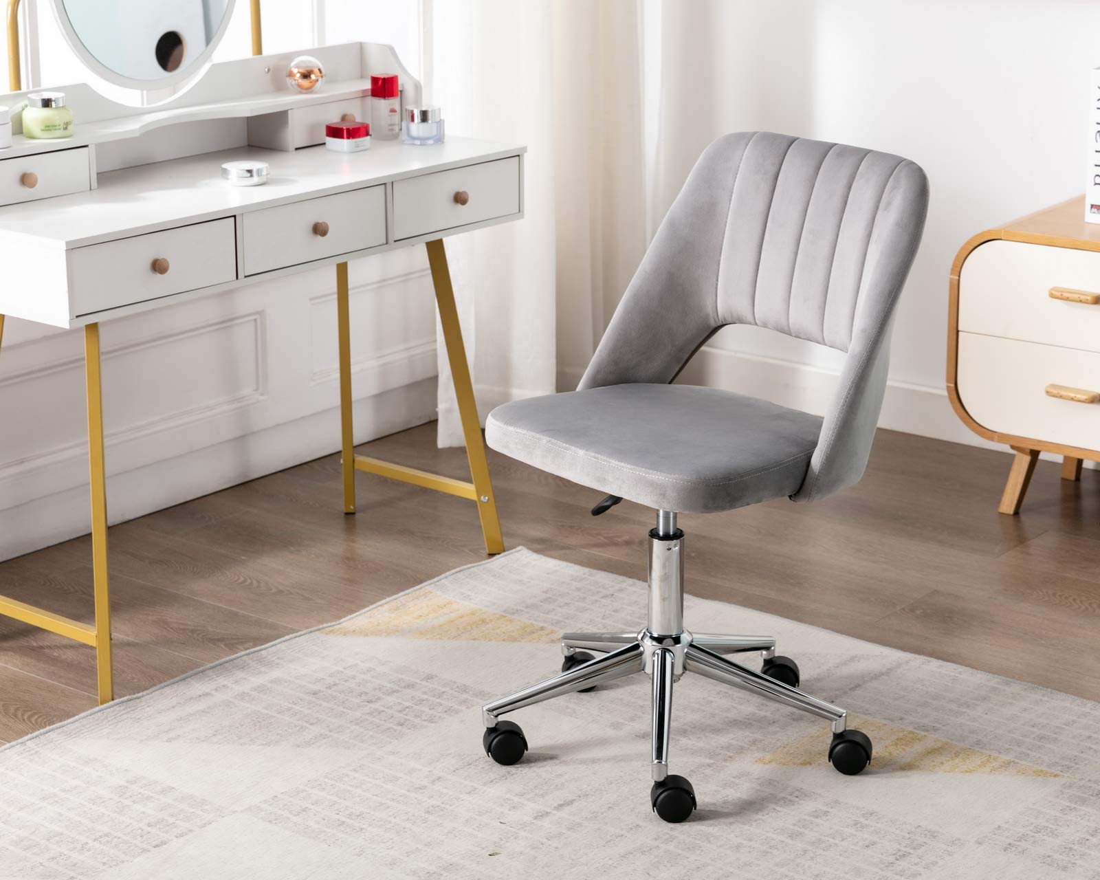 CIMOTA Grey Velvet Armless Desk Chair - Adjustable Height Swivel Office Task Chair for Adults & Teens - Perfect for Study Room, Bedroom, or Home Office Workspace