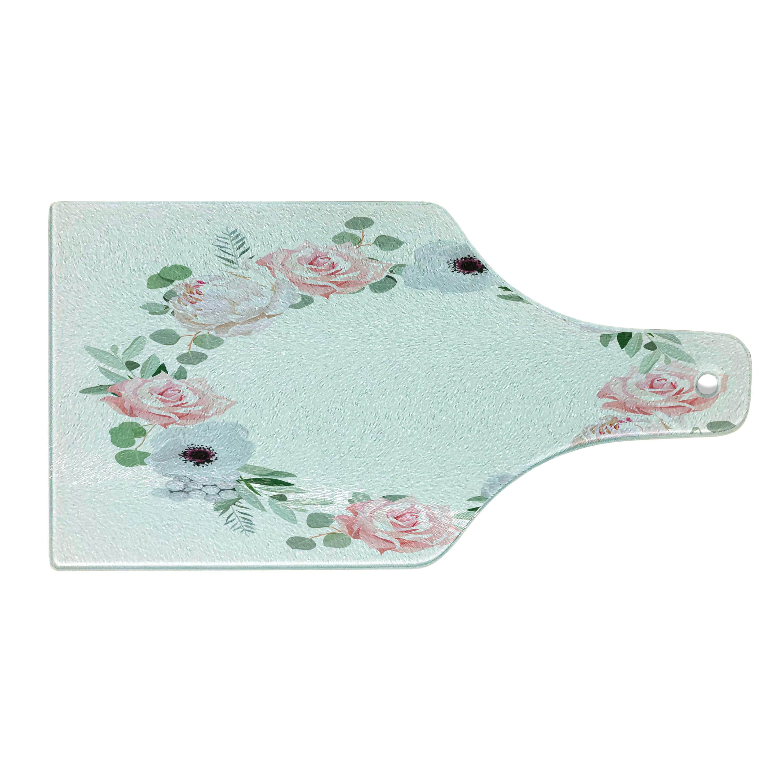 Ambesonne Anemone Flower Tempered Glass Cutting Board - Decorative Peony Rose Brunia Eucalyptus Leaves Round Wreath Design - Wine Bottle Shape Serving Board in Almond Green, Pale Pink & White - Perfect for Charcuterie, Cheese Platters & Wine Pairings