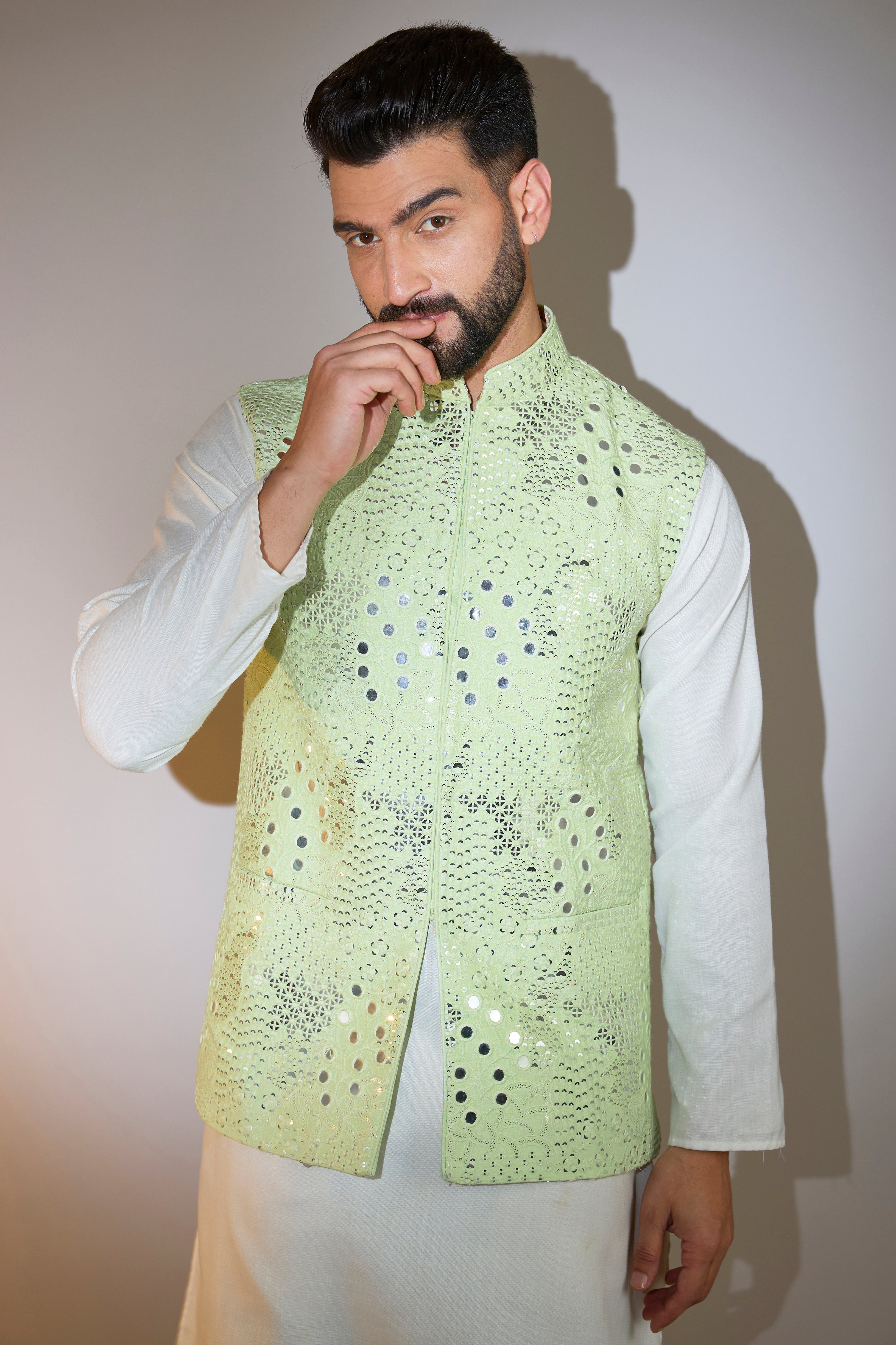 Pastel Green Short Mirror Work Jacket for Women - Stylish Embroidered Denim Jacket for Casual Outfits & Boho Fashion