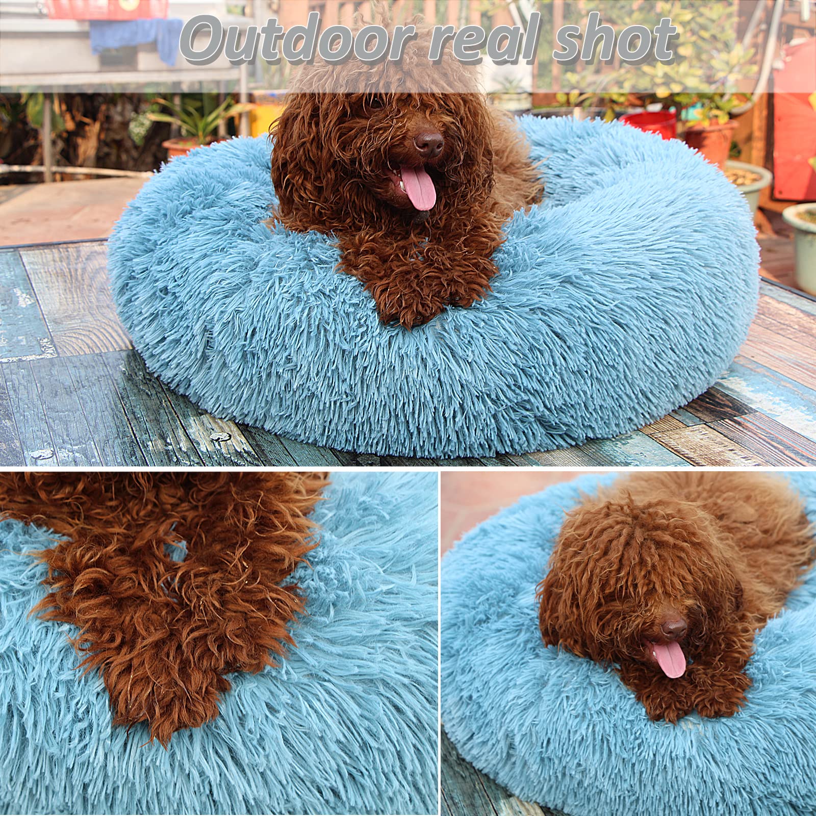 Small Dog Donut Bed - Machine Washable, Calming Blue Pet Bed for Anxious Puppies - Soft Fluffy Faux Fur Cuddler for Small Dogs & Pets - Perfect for Crate Training, Anxiety Relief & Cozy Napping