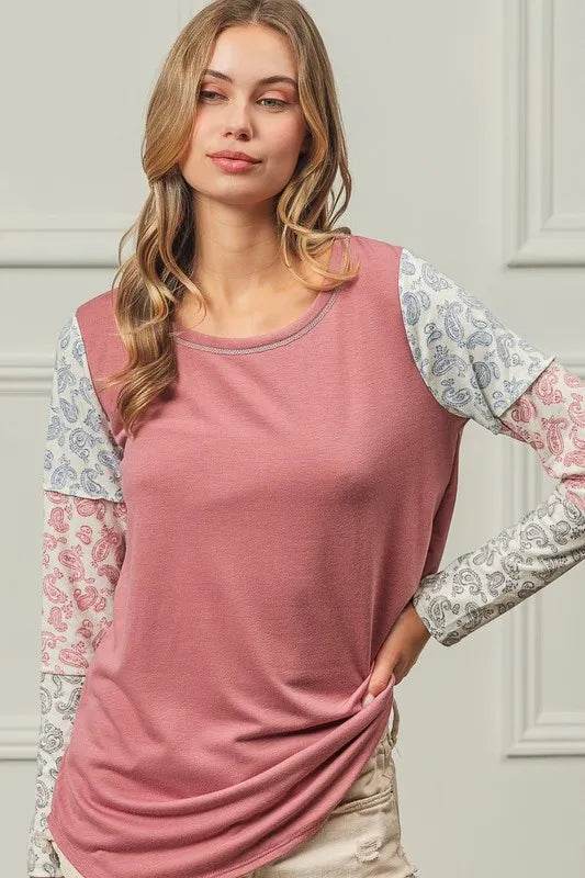 BiBi French Terry Paisley Triblend Color Block Sweatshirt - Soft & Stylish Women's Pullover for Casual Wear & Lounge Outfits